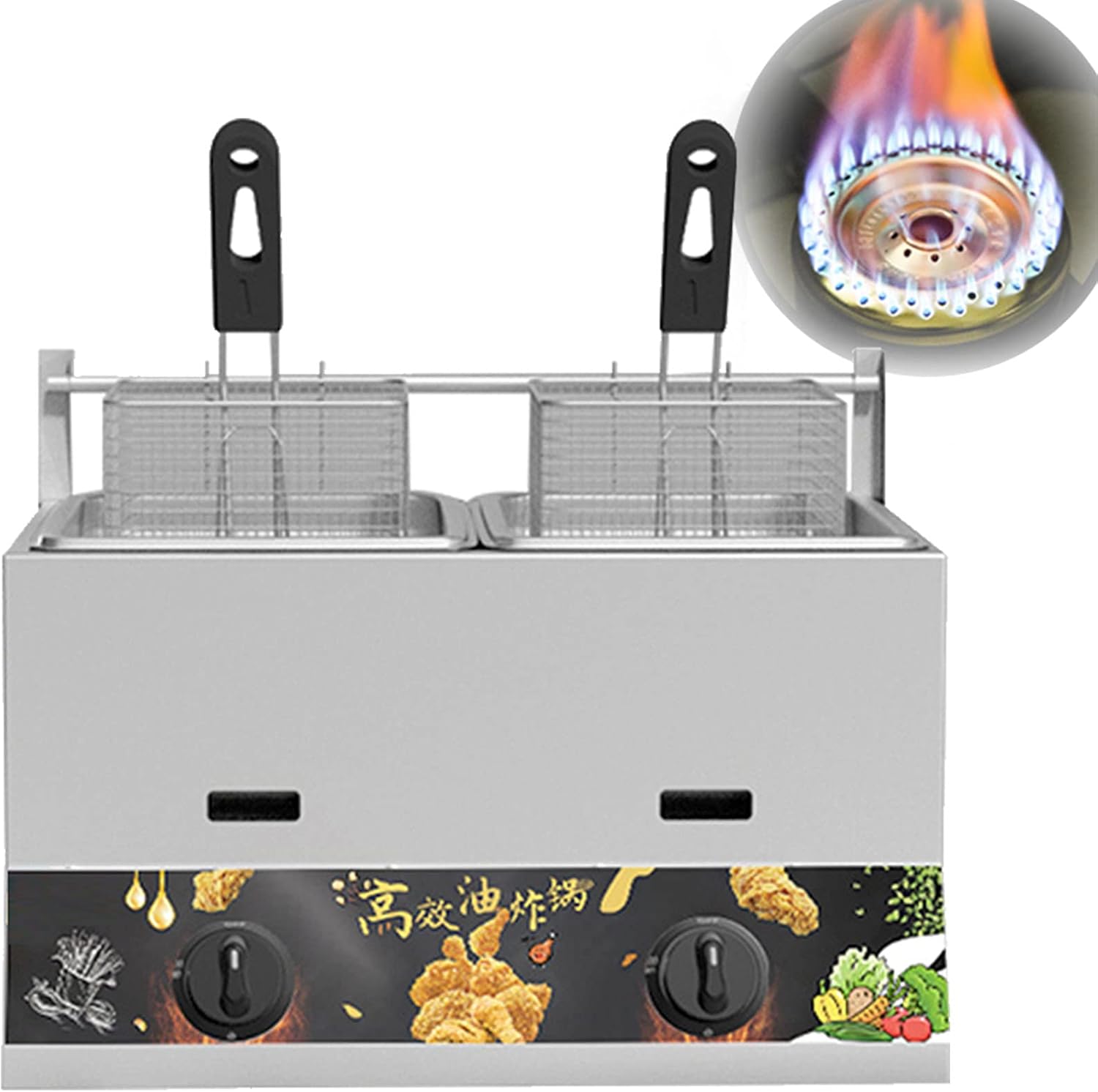 Commercial Fryer - Adjustable Firepower & Temperature Control,Stainless Steel Countertop Gas Fryer for Home & Commercial Use - Removable & Washable Design