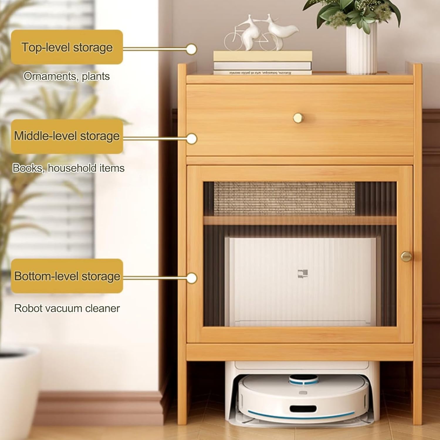 HARELA Bamboo Robot Vacuum Stand Cabinet, Storage Cabinet with Doors and Drawers for Robot Vacuum Cleaner, Hidden End Side Table for Living Room, Home Office(Yellow)