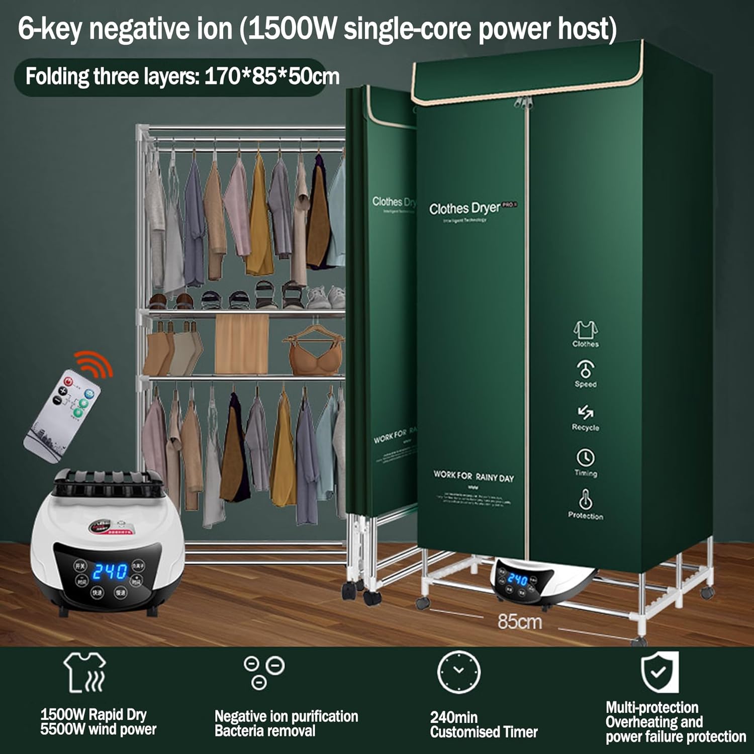 Portable Clothes Dryer Electric Drying Racks, Fast Dry Clothes Drying Rack Machine, With Warm Air Drying Wardrobe With Dustproof Cloth Curtain for Apartments Home Laundry