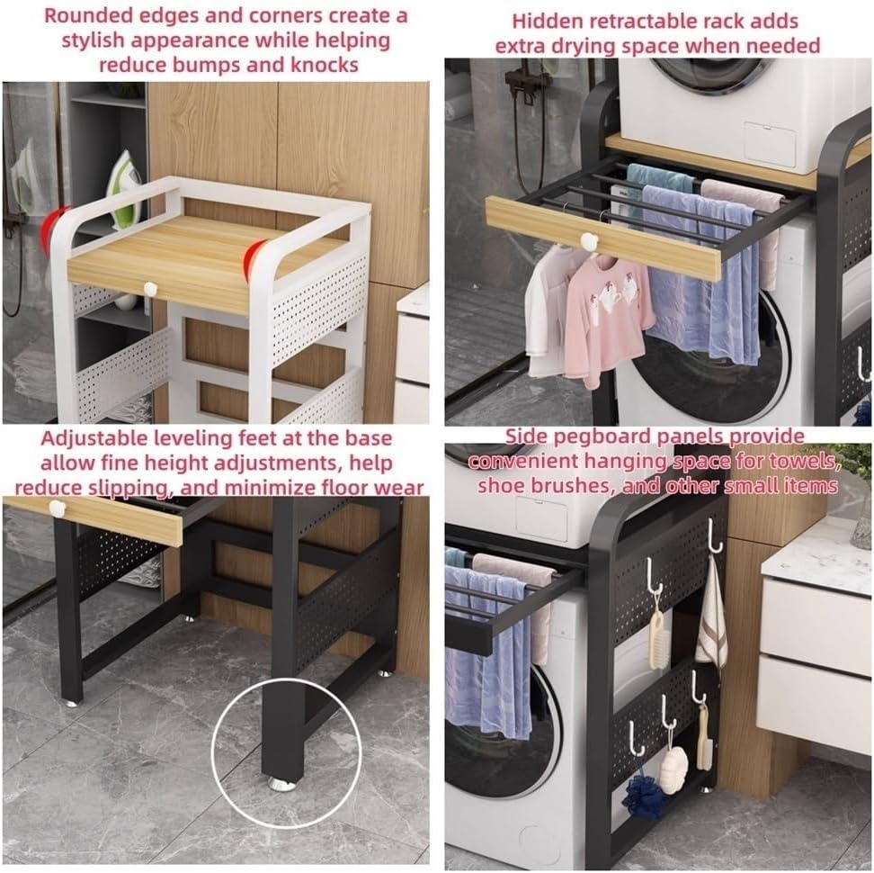 Galvanized Iron Washer Shelf, Washer Dryer Stacking Kit with Pull-Out Sliding Plate, Washing Machine Stand, for Bathroom Laundry Room(Black)