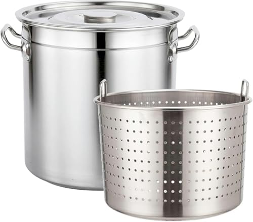 Stainless Steel Stockpot Turkey Fryer Pot Crab Lobster Shrimp Boiling Barrel Bucket with Strainer Basket and Lid for Commercial Kitchen Outdoor/Siliver/ 30/70L,Siliver-70L/63Qt