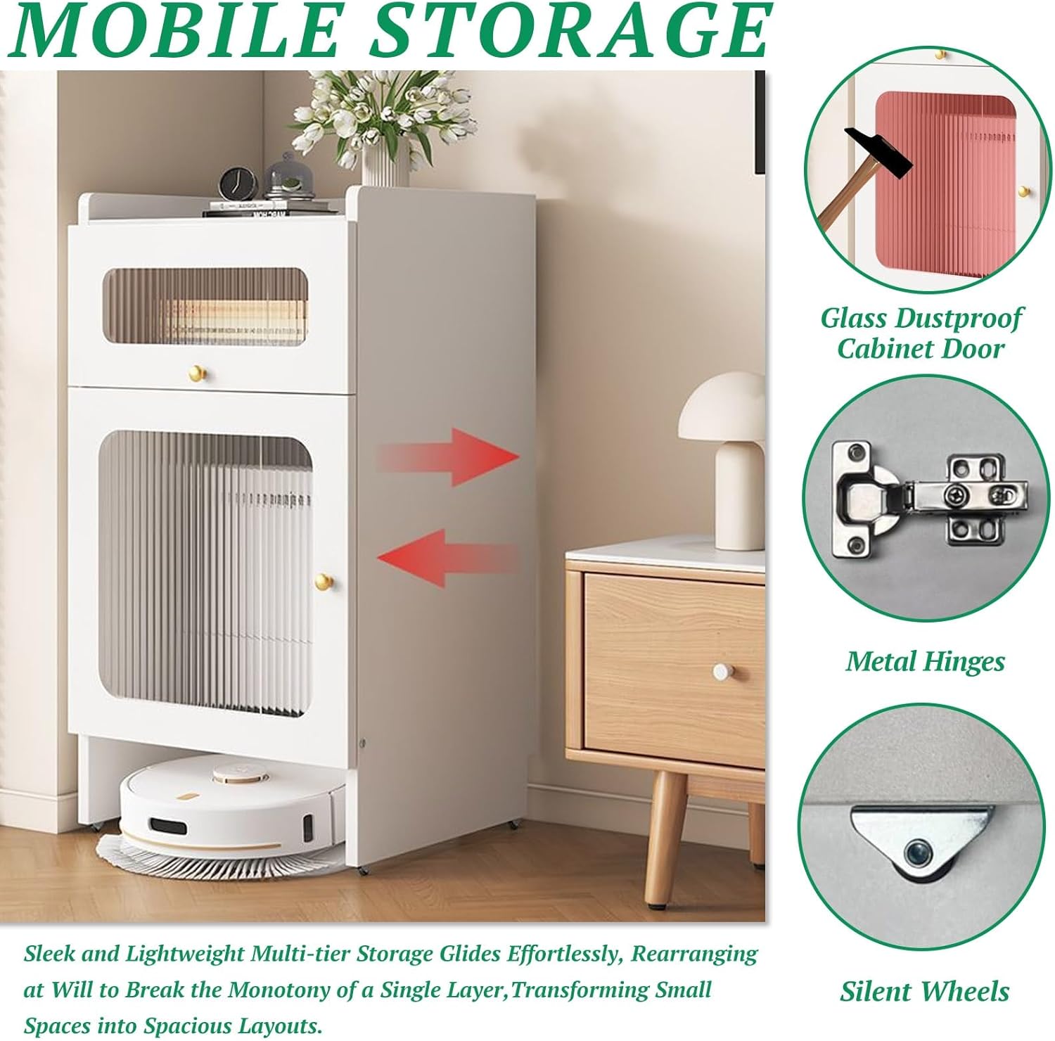 Mobile Storage Cabinet Corner Hidden Robot Vacuum Stand for Self-Emptying Robot Vacuum and Mop Storage Cabinet with Drawers Wood Accent End Table Wheels Home Living Room(Champagne,19.6x15.7x36.6in)