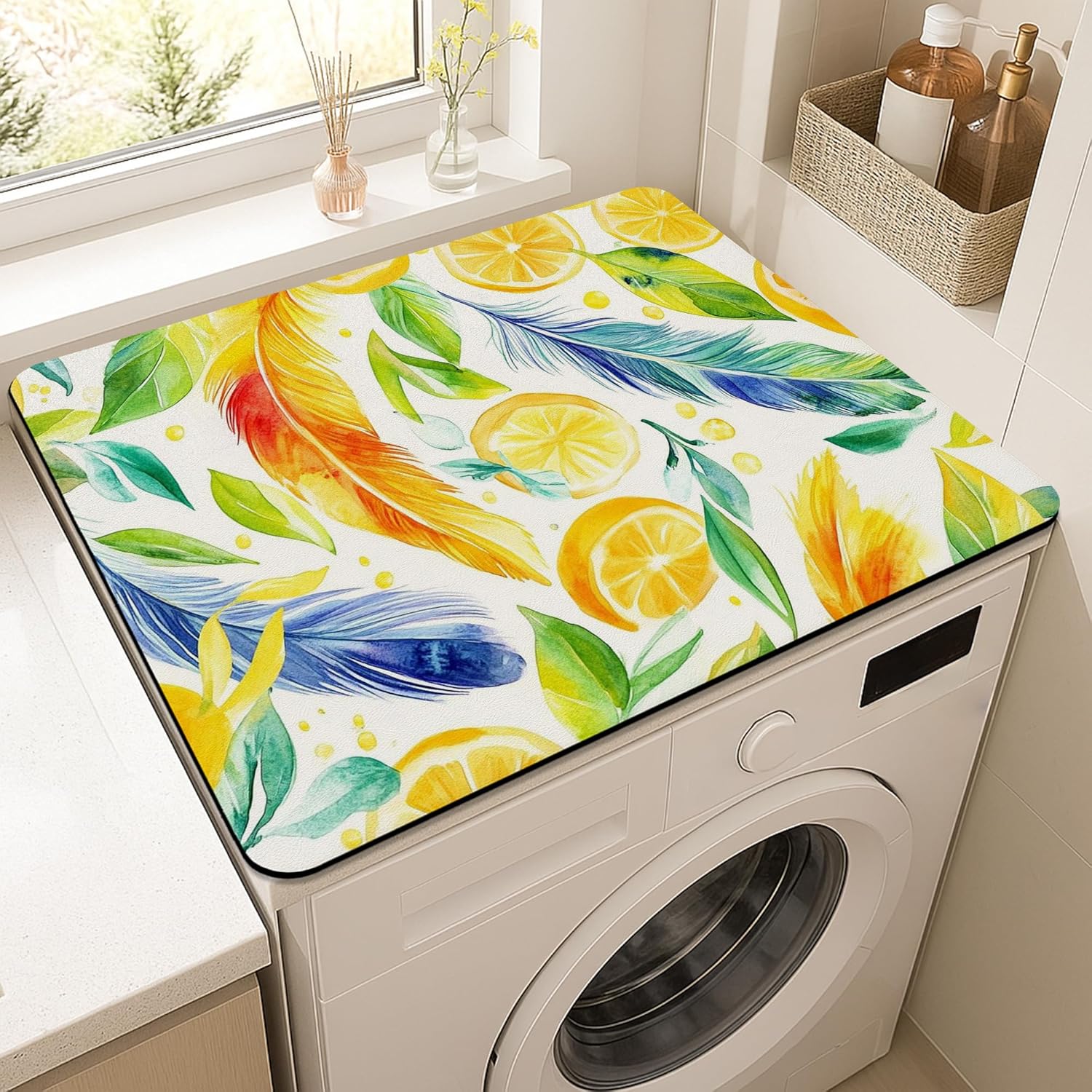 Lemon Feather Washer Dryer Top Protector Mat, Vibrant Tropical Watercolor Laundry Machine Covers, Summer Floral Rubber Anti-slip Waterproof Mats for Laundry Room 20x24 Inch
