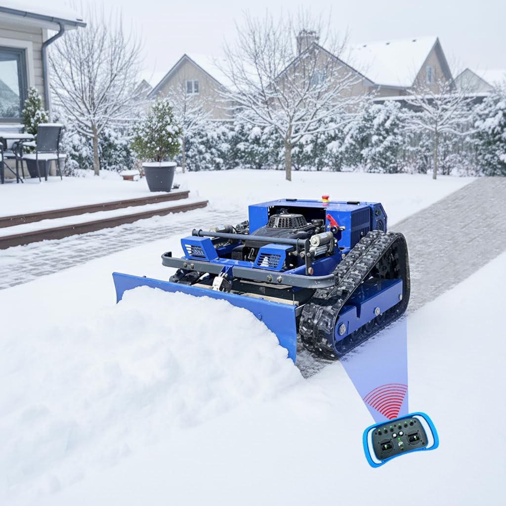 Remote Controlled Tracked Snow Blower with Grass Cutting Attachment, Hybrid Powered, Adjustable Cutting Height, for Steep Slopes, Large Lawns, and Deep Snow