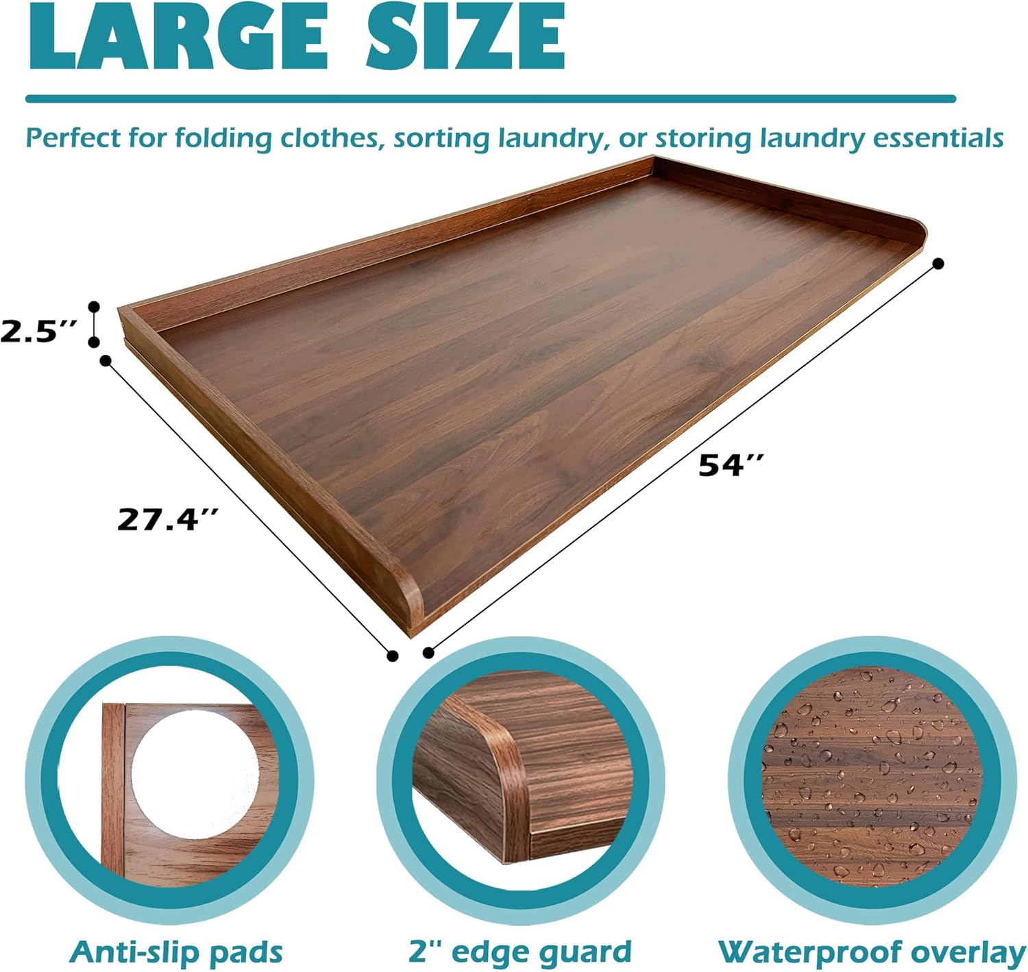 Royxen Laundry Countertop Solid Wood, Countertop for All Front-Loaded Washing Machine and Dryer, Extra Room for Laundry Room, Walnut Color