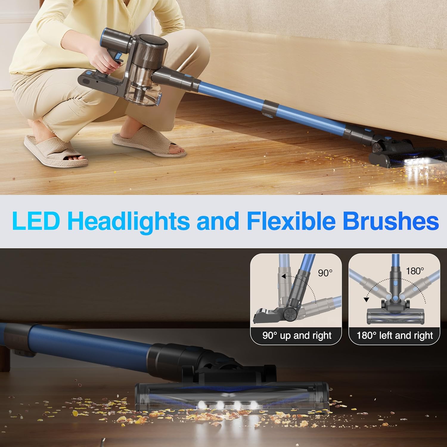 Zefiro Cordless Vacuum Cleaner for Home,450W /40Kpa 50Mins Stick Vacuum,Anti-Tangle 1.5L Dust Cup, Rechargeable Wireless Handheld Vacuum for Pet Hair/Carpet/Floor,