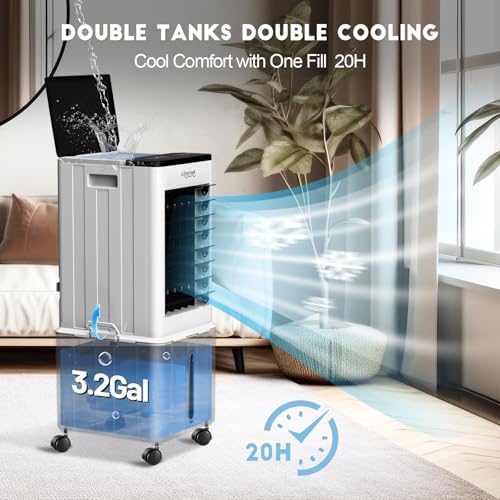 Portable Air Conditioner, 3-IN-1 Evaporative Air Cooler w/3.18Gal Tank, 4 Modes & 3 Speeds, 12H Timer, 6 Ice Packs, Remote Control, Windowless Swamp Cooler for Bedroom,Home,No Hose Needed