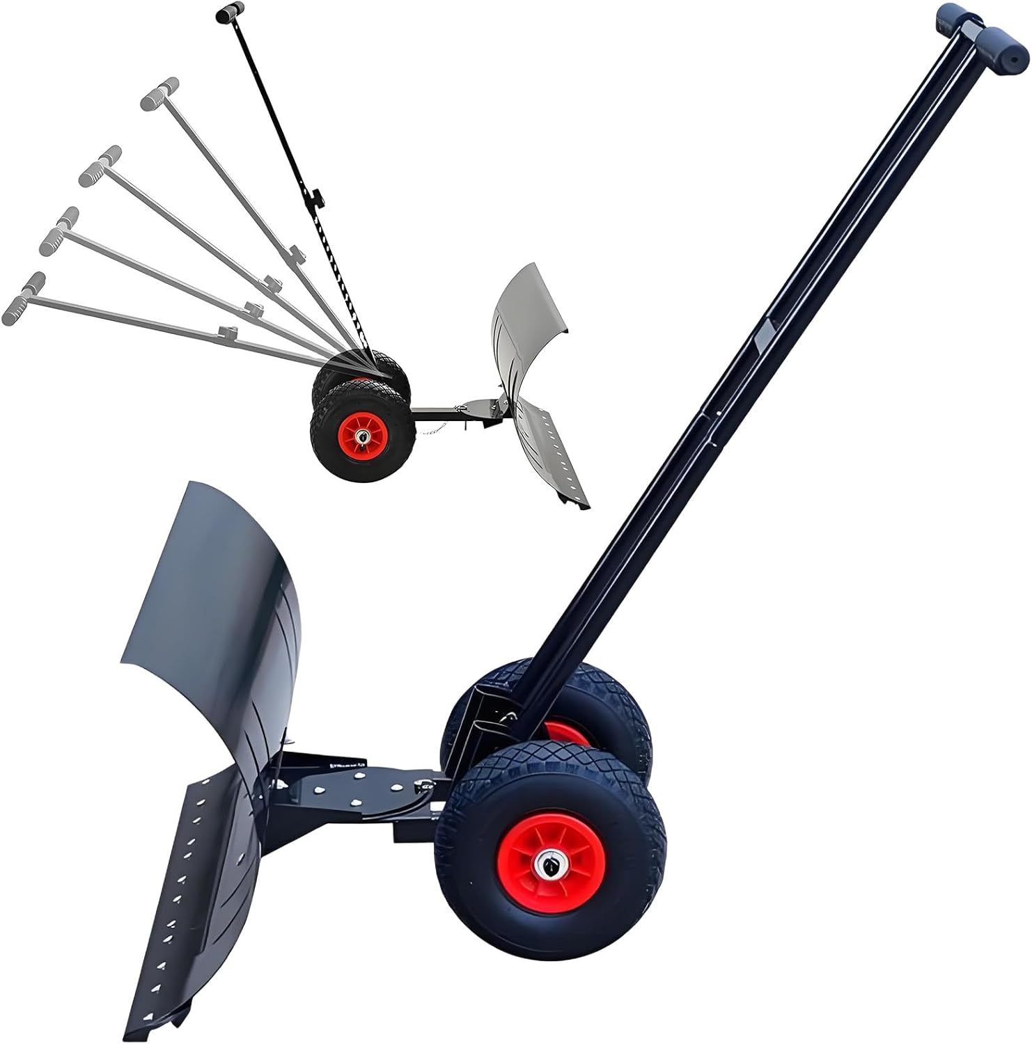 Metal Snow Shovel with Wheels, Multi-Season Heavy Duty Stone Shovel – 29-Inch Steel Plow, 10