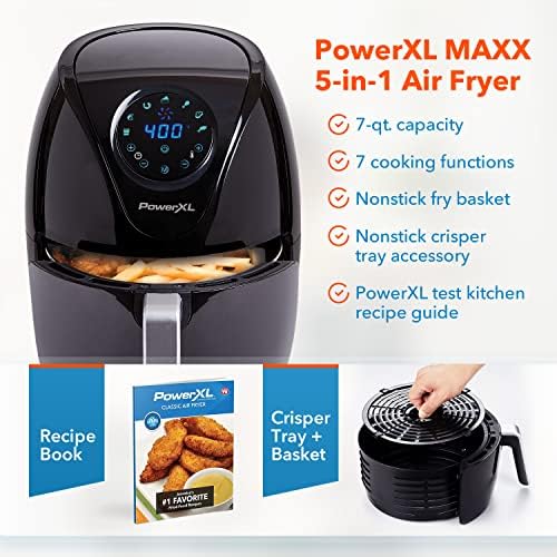 PowerXL Air Fryer 7 QT Maxx Classic, Extra Hot Air Fry, Cook, Crisp, Broil, Roast, Bake, High Gloss Finish, Nonstick, Black