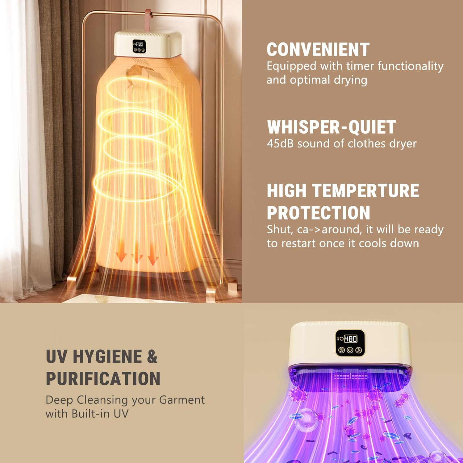 Portable Clothes Dryer Hold 9-12 Items, 8H Timer, w/Remote Control & Dry Bag, Mini Compact Foldable Fast Electric Dryer Machine for Laundry, Travel, Apartment, RV, Dorm, Low Noise, Energy Saving, 600W