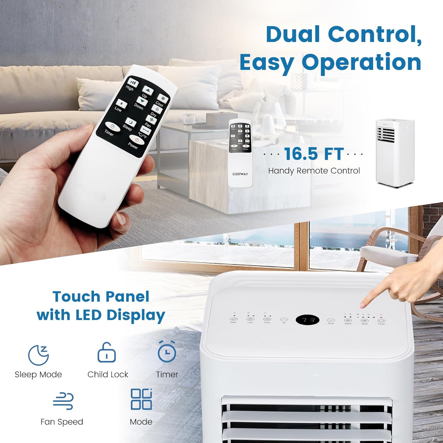 LDAILY 4 in 1 Portable Air Conditioner, 8000 BTU AC Unit with Cooling, Fan, Dehumidification, and Standby Mode for Bedroom, Living Room, Office, White