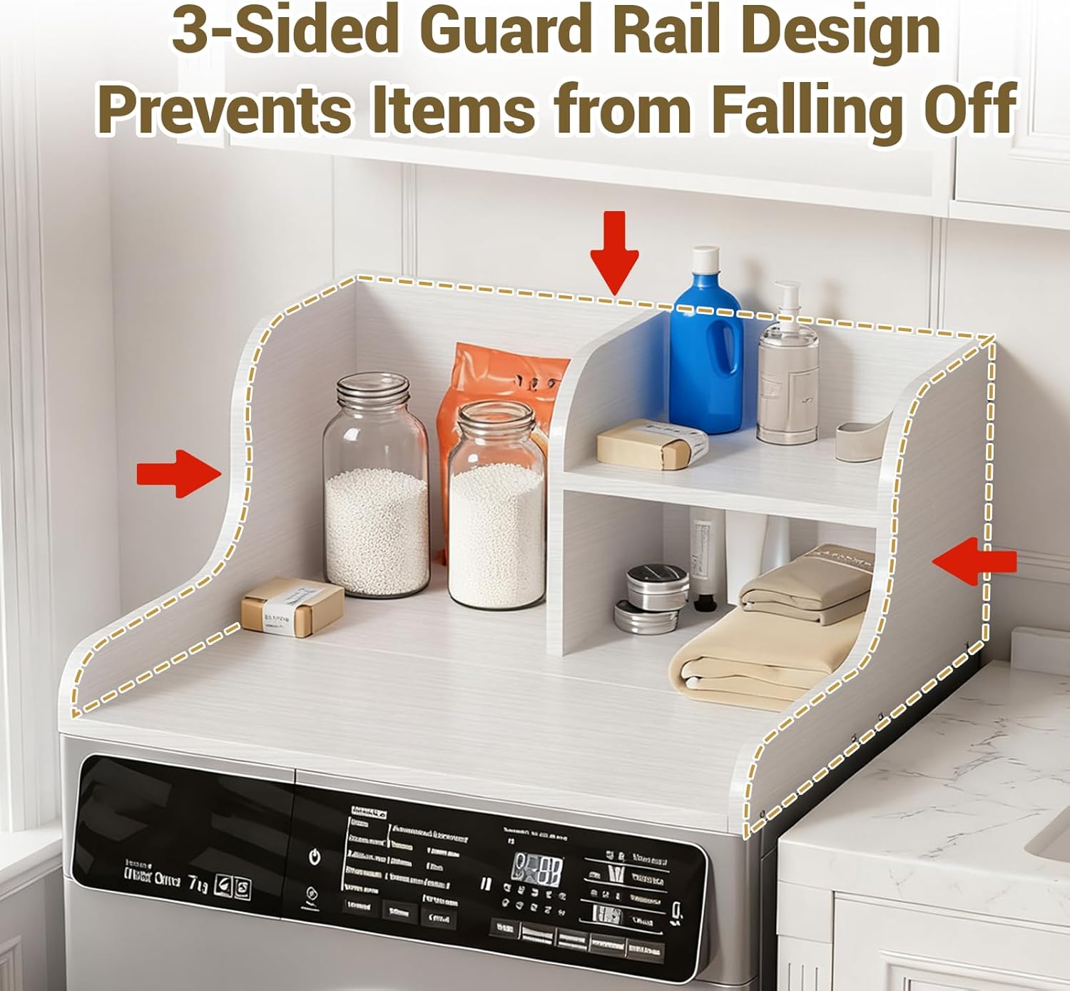 Washer Dryer Countertop, Wooden Laundry Counter, with Edge Rails for Laundry Room Storage and Organization