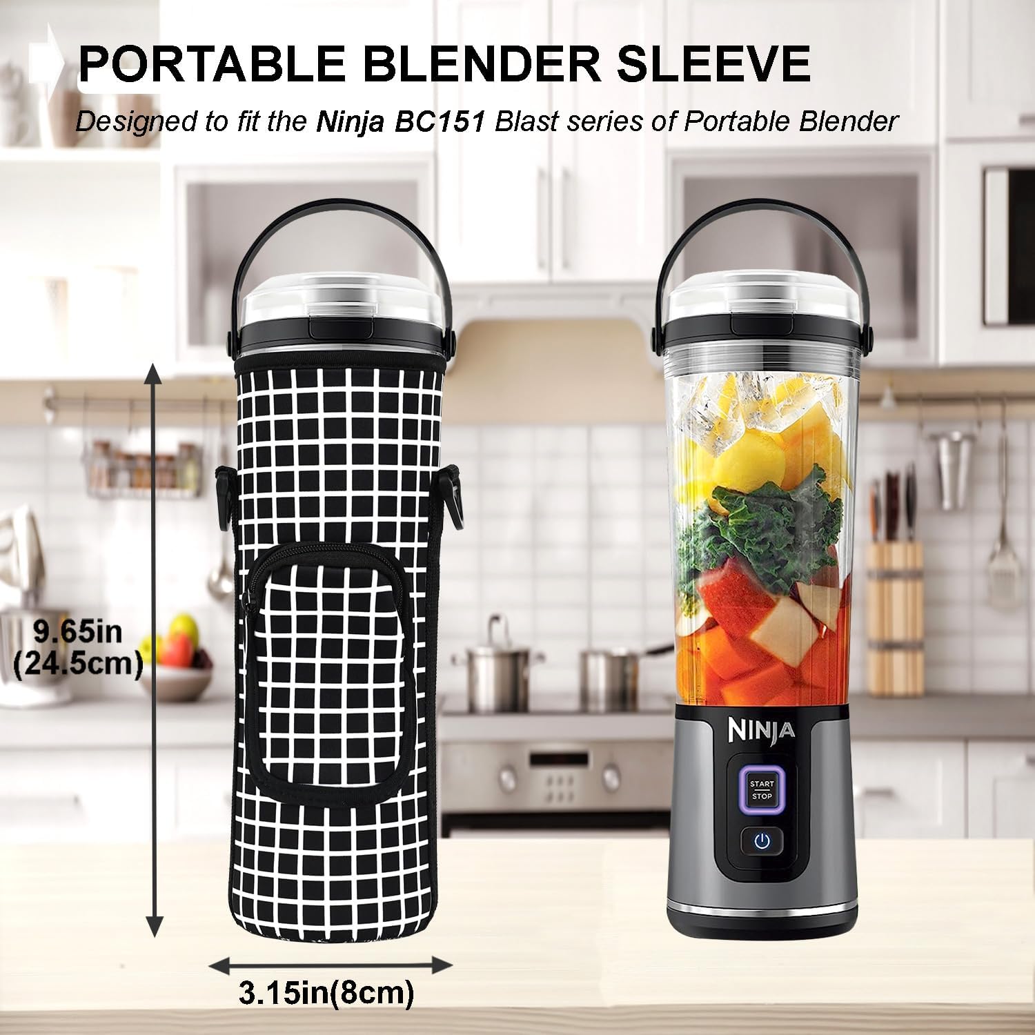 AF-WAN Portable Blender Carry Storage Bag sleeve with Shoulder Strap for Ninja BC151NV/BC51NV/BC151BK/BC151CR/BC151EM/BC151PR/BC151WH 18oz Blast Portable Blender (Black White)