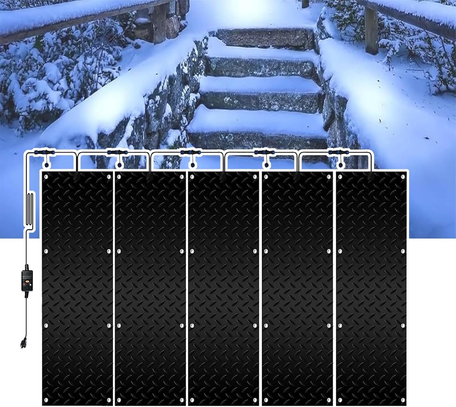 Snow Melting Walkway Mats for Entrances, Heated Snow Melting Mats Outdoor Non-Slip Rubber Heated Mats with Power Cord for Snow and Valleys, Melts at 2 Inches/Hour - Heated Door Mats(5 Pcs,30x60cm/12x2