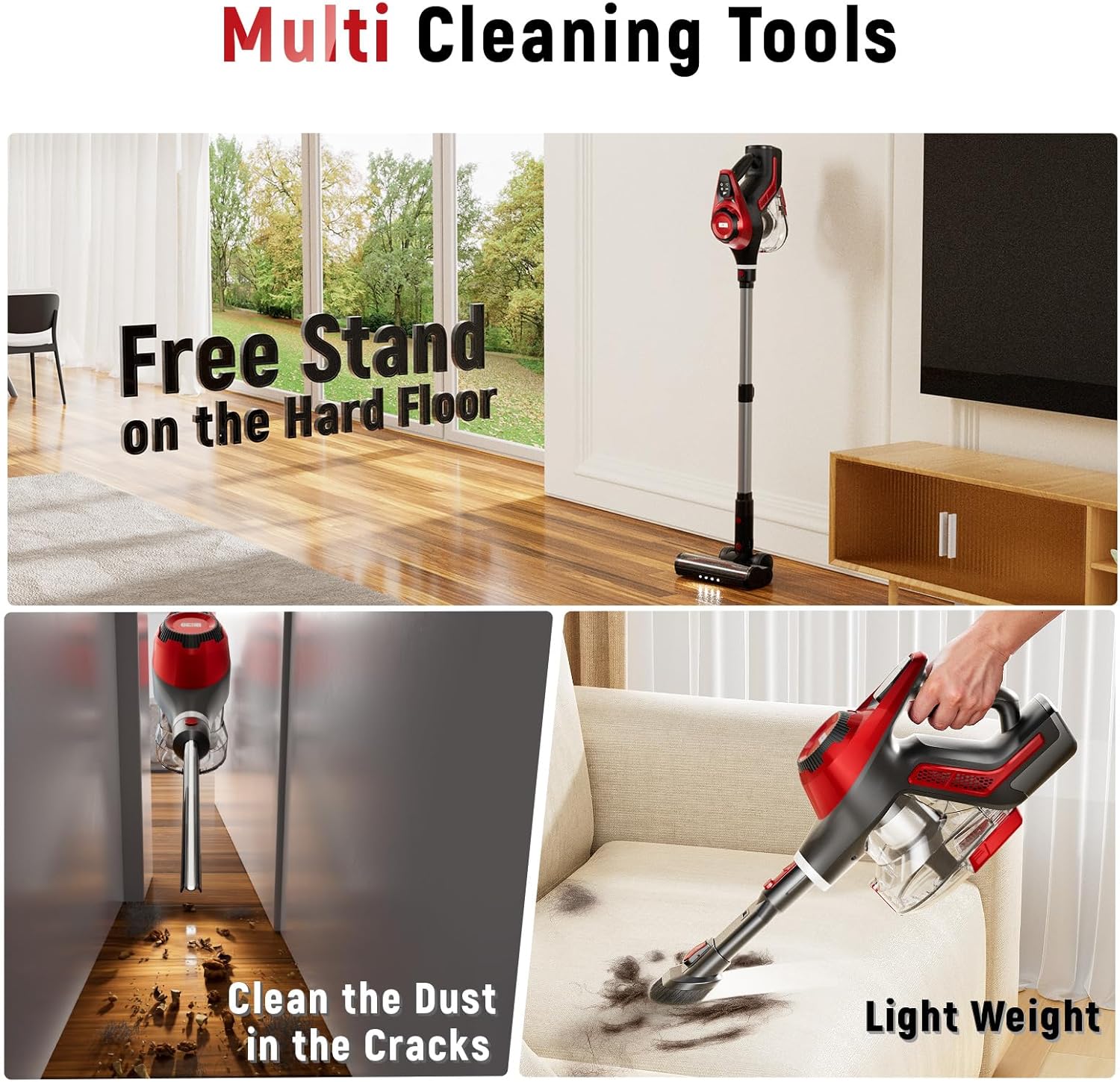 Cordless Vacuum Cleaner for Home, Stick Vacuum 40Kpa, Smart Display & 1.5L Dust Cup, MAX 55mins Runtime, Lightweight Handheld Vavuum for Pet Hair/Carpet/Hardwood Floor/Car (Crimson)