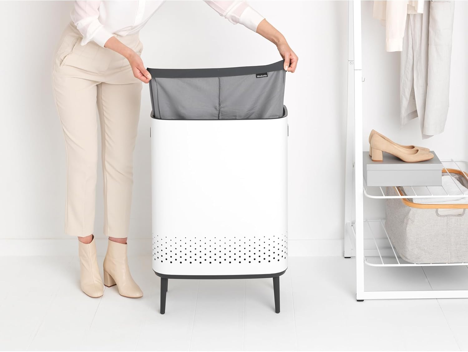 Brabantia Bo Laundry Hamper Hi (White) 2 Compartment Removable Laundry Bag 2 x 12 Gal, Ventilated Stylish Dirty Clothes Holder, Flat Back, Off-the Ground, Anti-Rust Materials for Bathroom Use