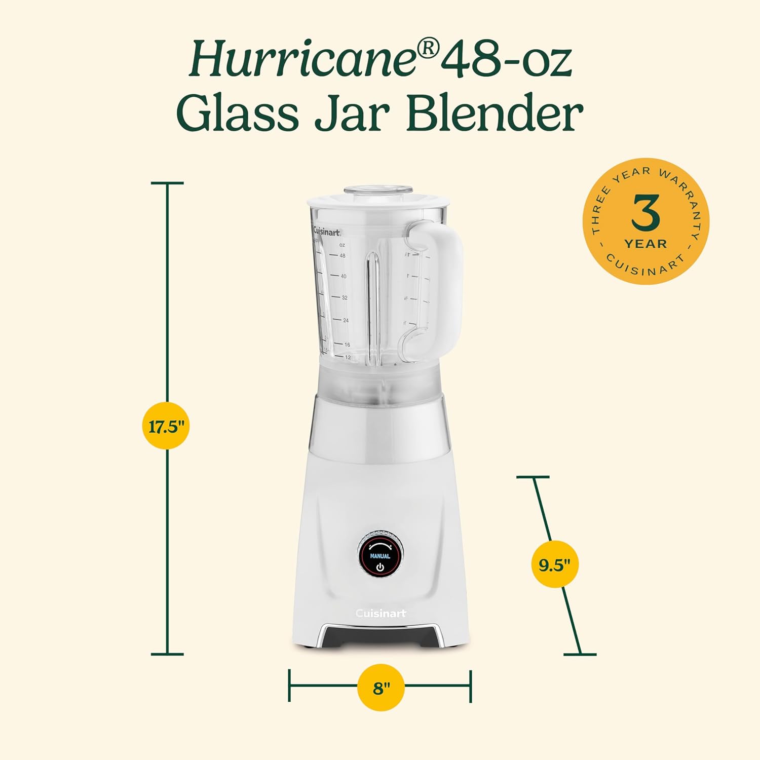 Cuisinart Hurricane® 48 oz Glass Jar Digital Blender, Manual 5 Speeds, 6 Presets - Smoothie, Pulse, Milkshake, Cocktail, Ice Crush, and Clean, BL-200