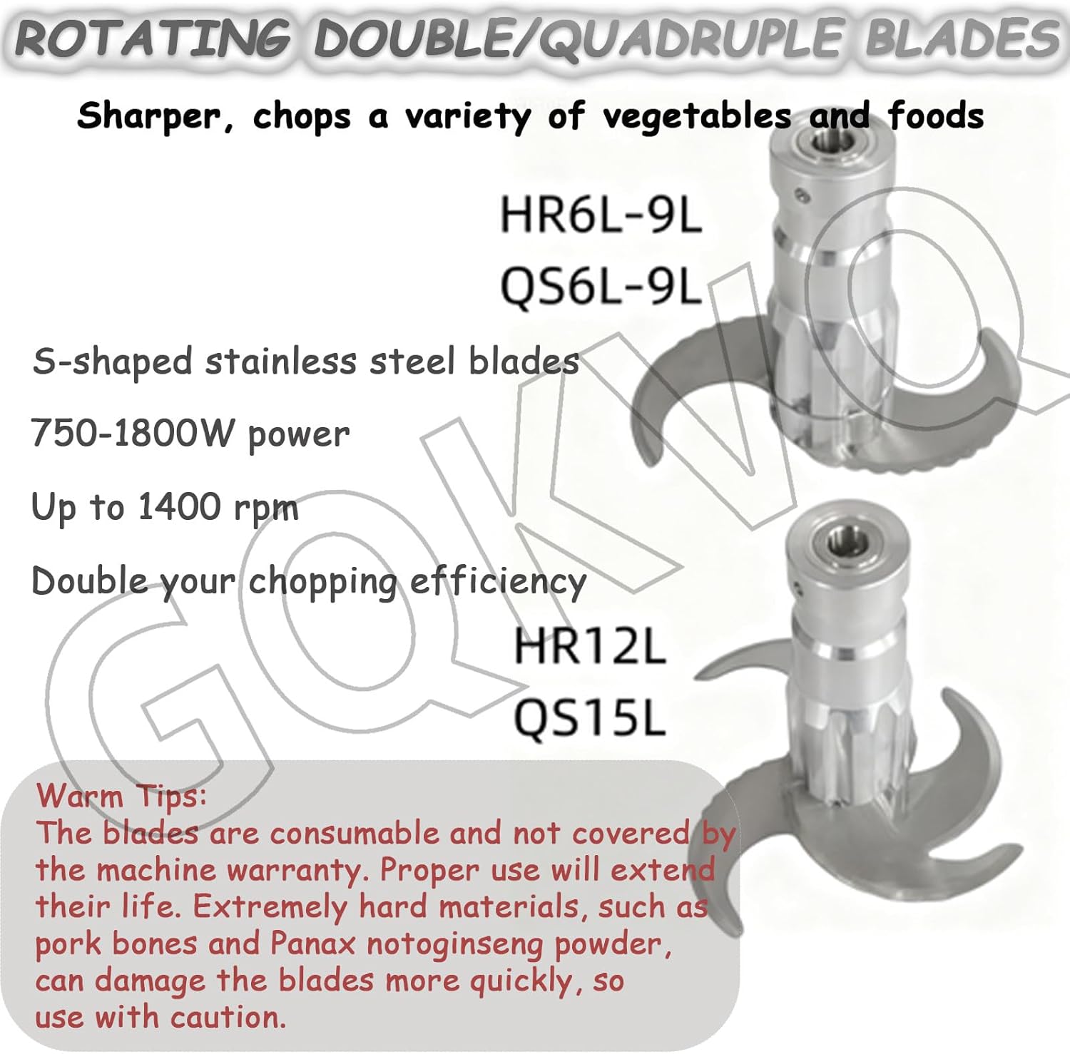 1800w Stainless Steel Electric Vegetable Blender Cutter,6/9L, Adjustable Speed for Fruits Grains Peanut Ginger Garlic B-HR-9L