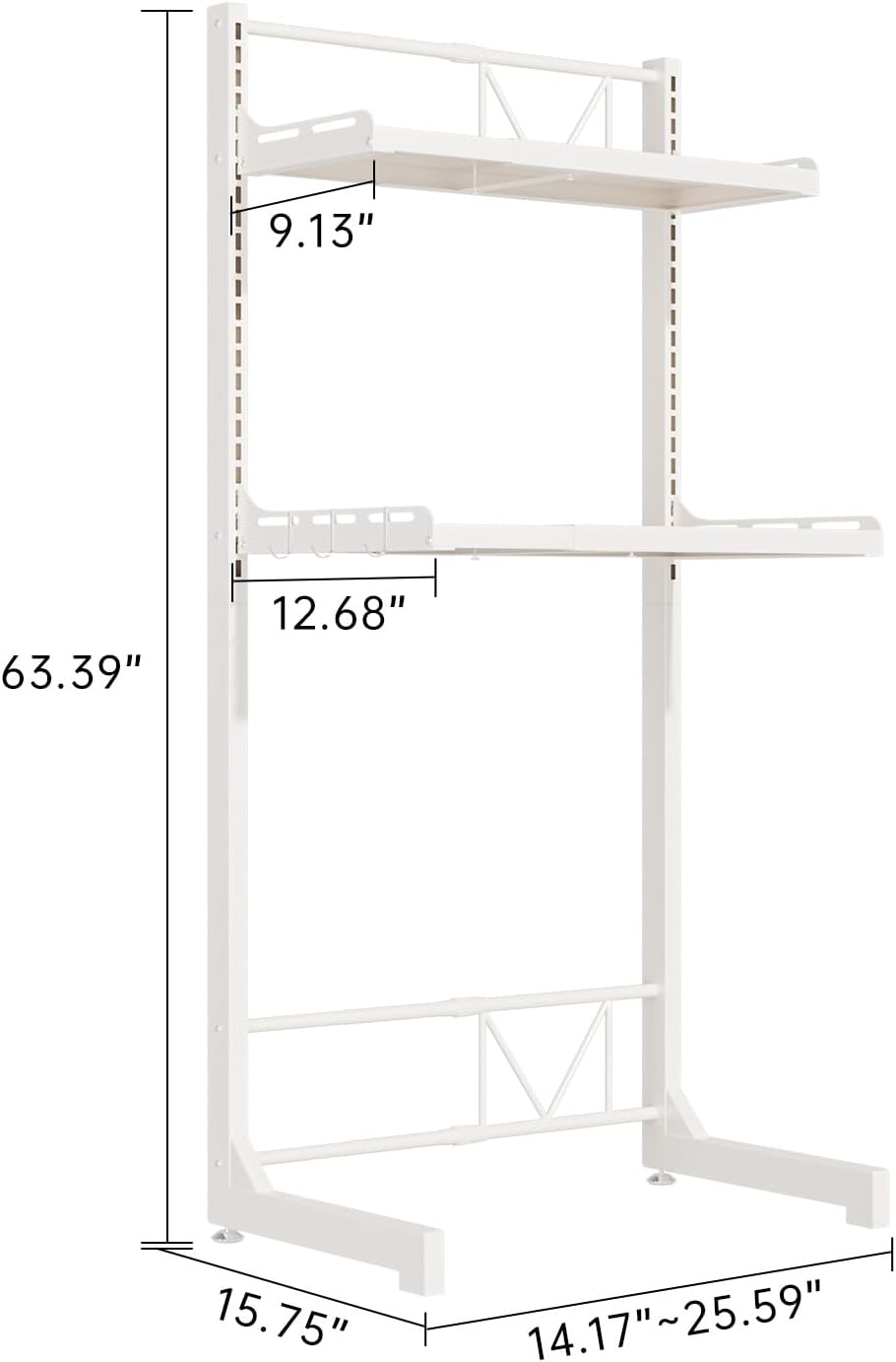 Carbon Steel Over Washer and Dryer Shelf, 2 Tier Bulkhead Laundry Room Storage and Organization Riser, Above Toilet Rack, (14.17“-25.59”) W*15.75 “D*63.39 ”H, White