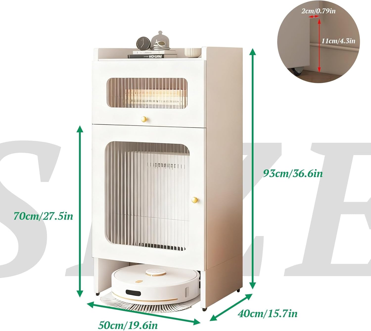 Mobile Storage Cabinet Corner Hidden Robot Vacuum Stand for Self-Emptying Robot Vacuum and Mop Storage Cabinet with Drawers Wood Accent End Table Wheels Home Living Room(Champagne,19.6x15.7x36.6in)