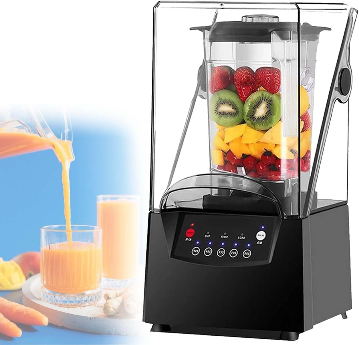 Commercial Blender 2200W with Soundproof Cover - 2L Large Capacity Quiet Professional Blender, 5 Preset Speeds, 17000 RPM Ice Crushing, for Crushing Smoothies and Milkshakes