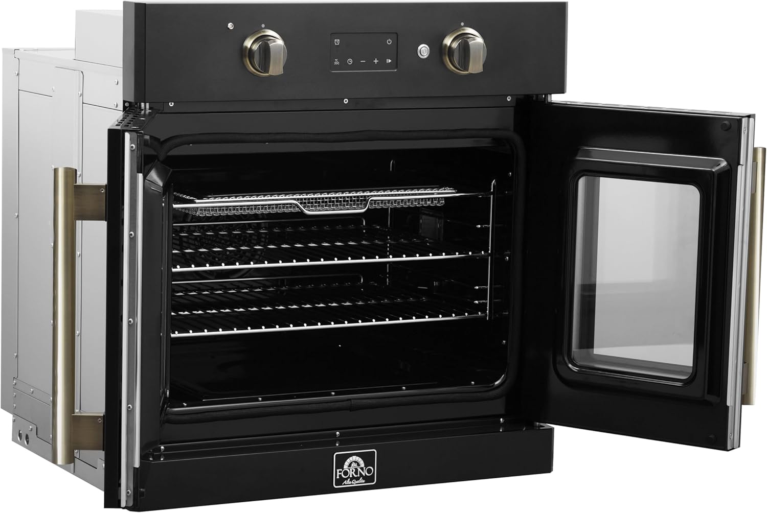 Forno Asti 30-Inch French Door Electric Wall Oven in Black & Antique Brass – 3.68 Cu. Ft. True Convection, 3600W, Air Fry, Sous Vide, Self-Cleaning Function