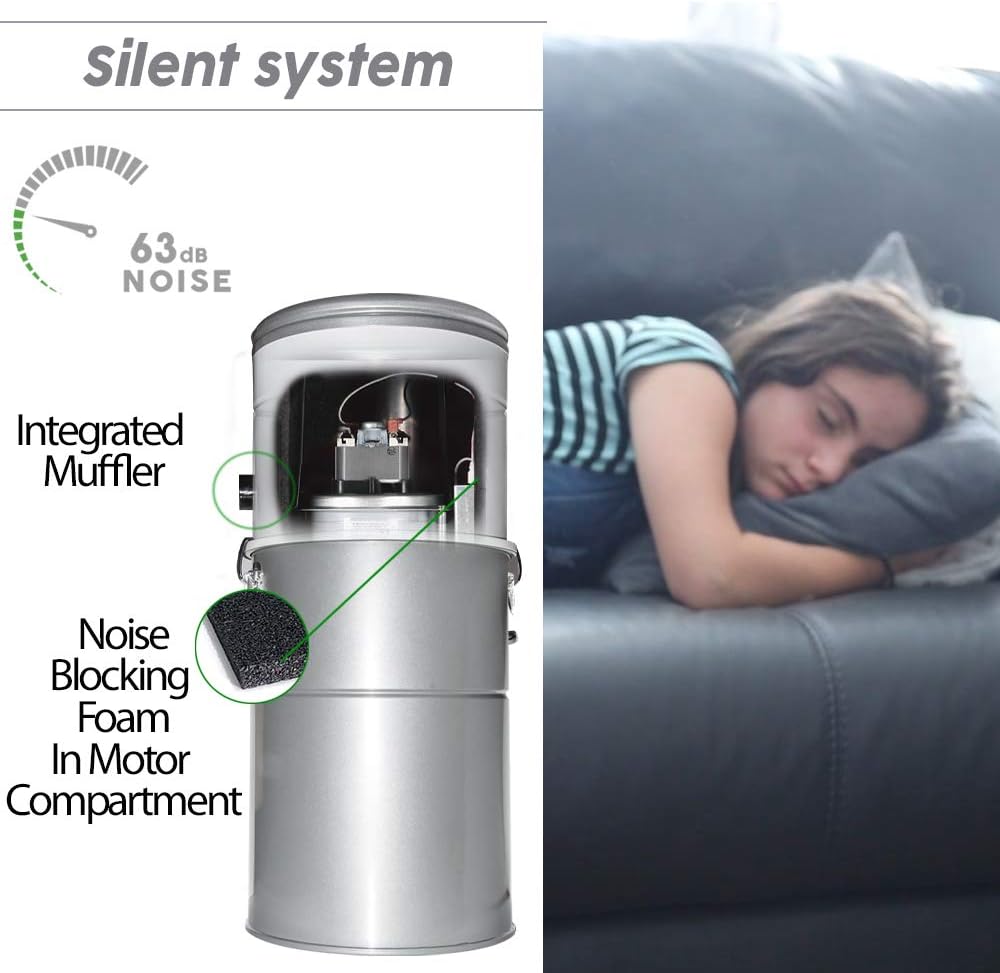 OVO Large and Powerful Central Vacuum System, Hybrid Filtration (with or Without Disposable Bags) 25L or 6.6 Gal, 700 Airwatts with 40 ft Carpet Deluxe Accessory Kit Included