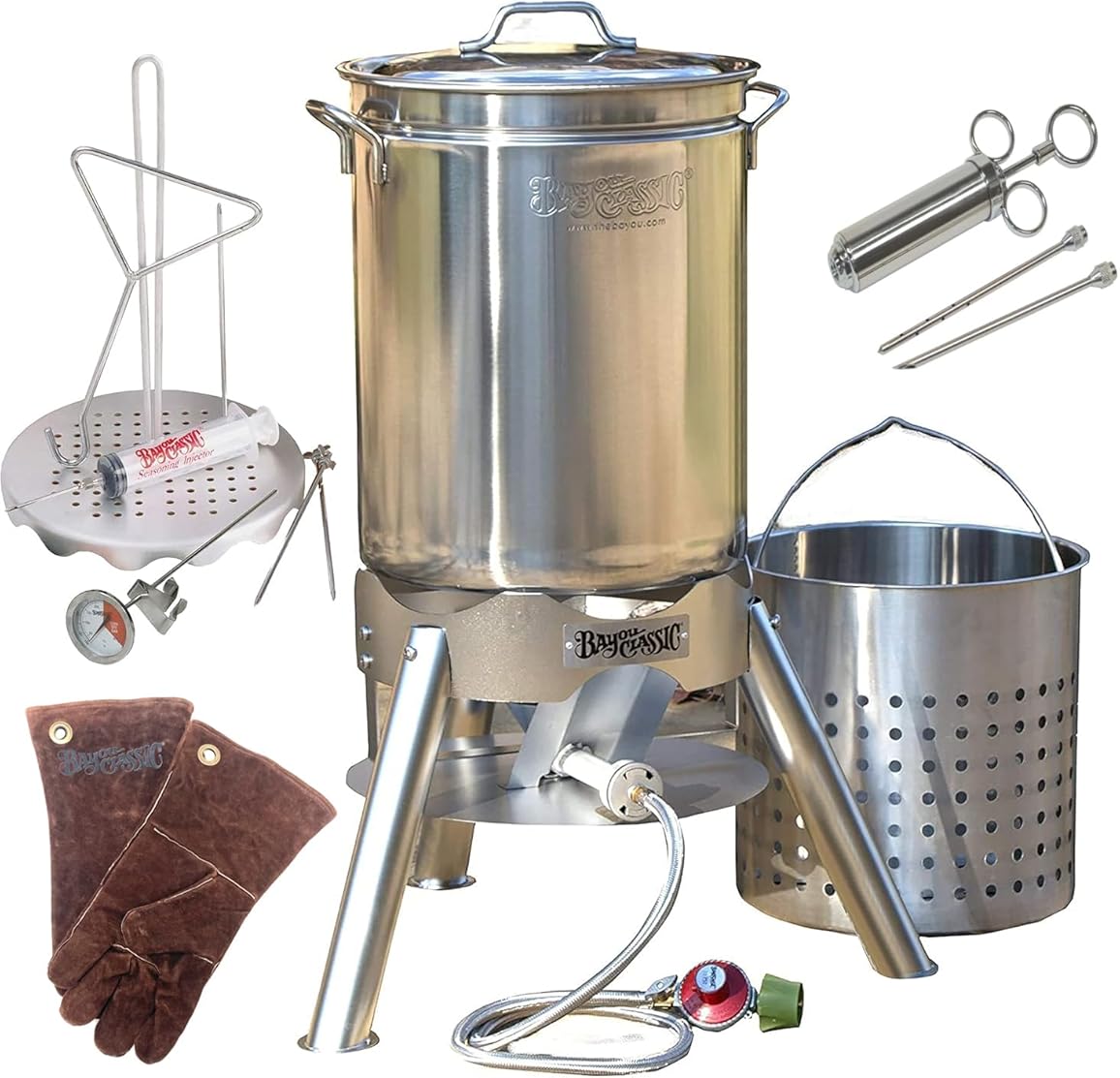 Enterprises Turkey Deep Fryer Oversized 44 Quart Stainless Steel Big Bird Kit by Bayou Classic for Big 25 lbs Huge Turkeys Complete KIT TOP of The LINE