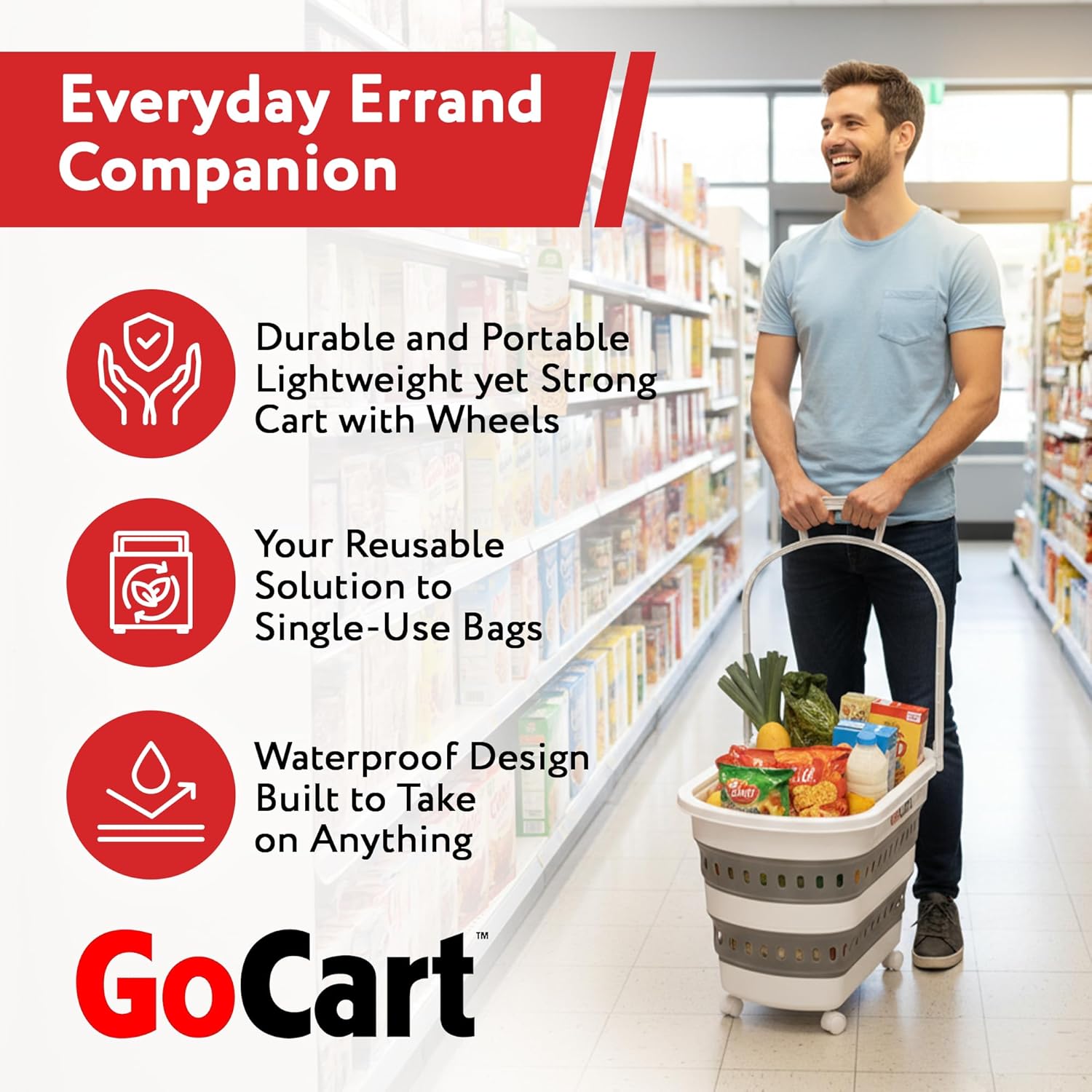 dbest Products Folding Gocart Laundry Basket with Wheels, Multi Use Collapsible Grocery Shopping Cart, White