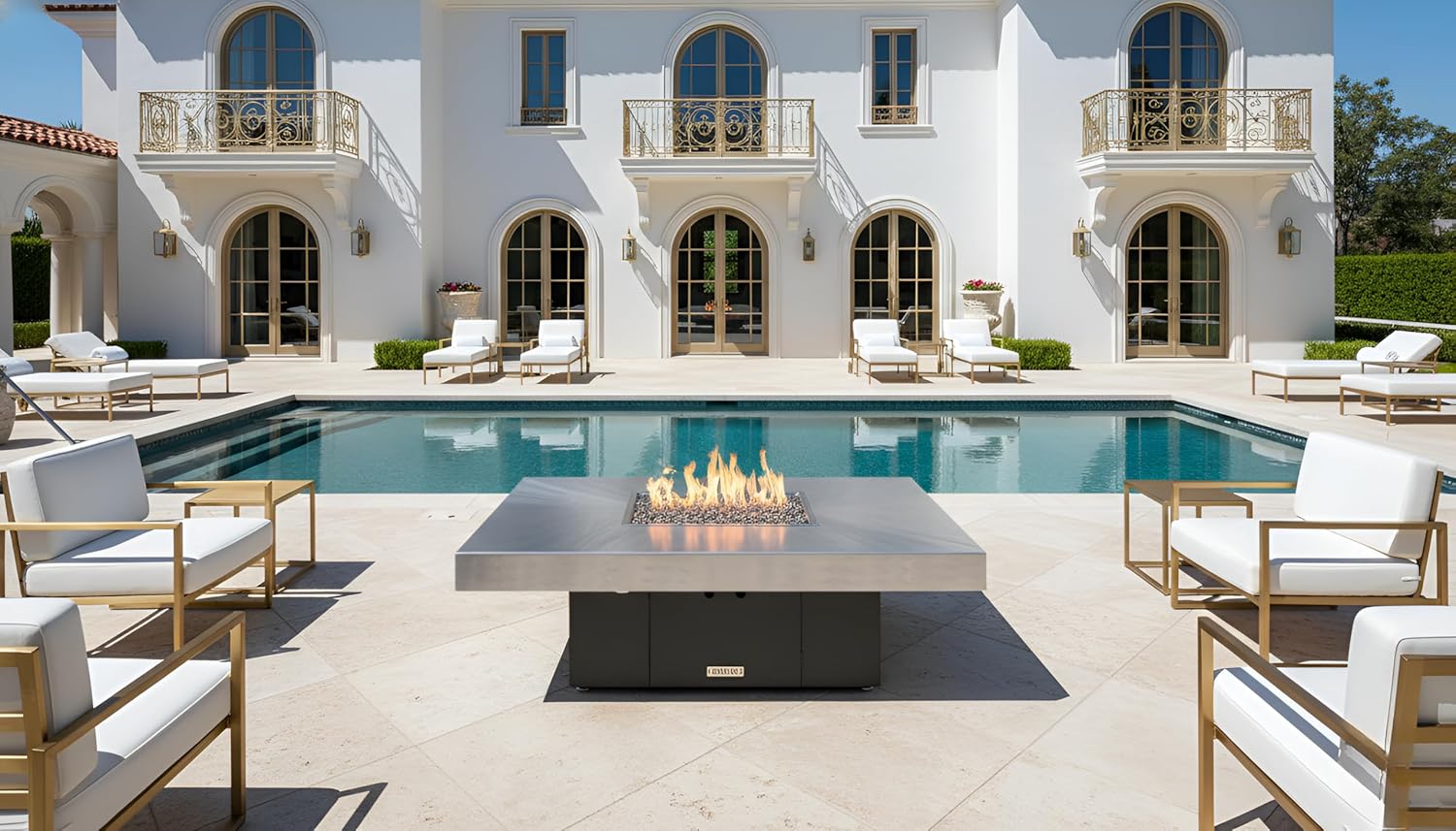 COOKE Santa Barbara Rectangular Fire Pit Table - 40 x 30 - Propane - Brushed Aluminum Top - Grey Texture Powdercoat Base