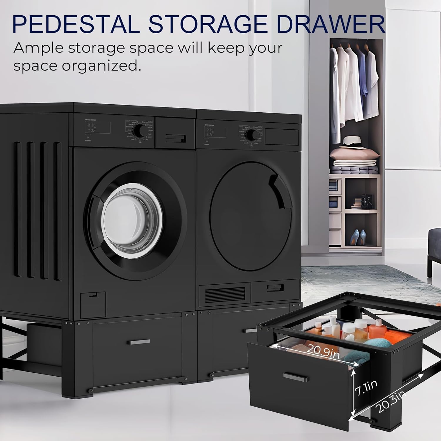 2 Pack Laundry Pedestals with Drawer, 29'' x 29'' x14.3'', Heavy-Duty Steel, Washing Machine Base Stand, Dryer Base Platform, Capable of Supporting 700 lbs, Black