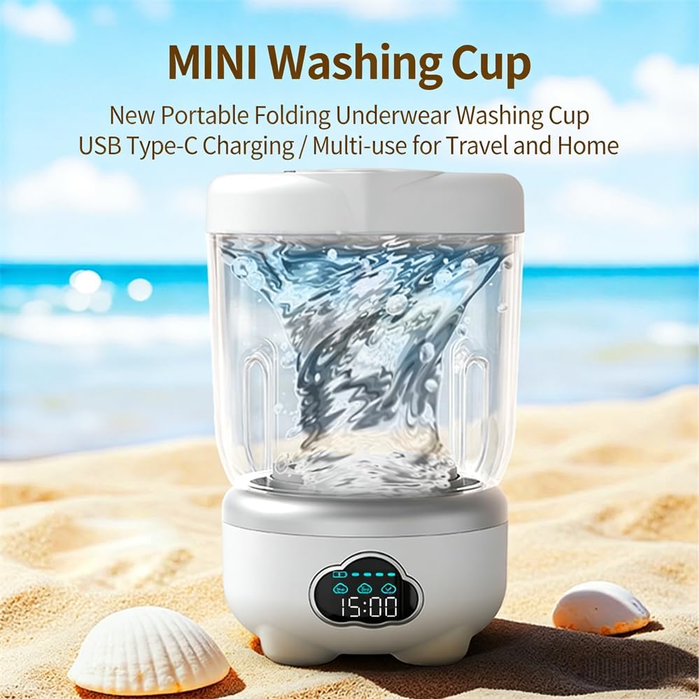 Digital Display Mini Laundry Cup, Wireless USB Charging Compact Washer 600ml Capacity ABS Material Dedicated Washer for Underwear and Socks 1pcs