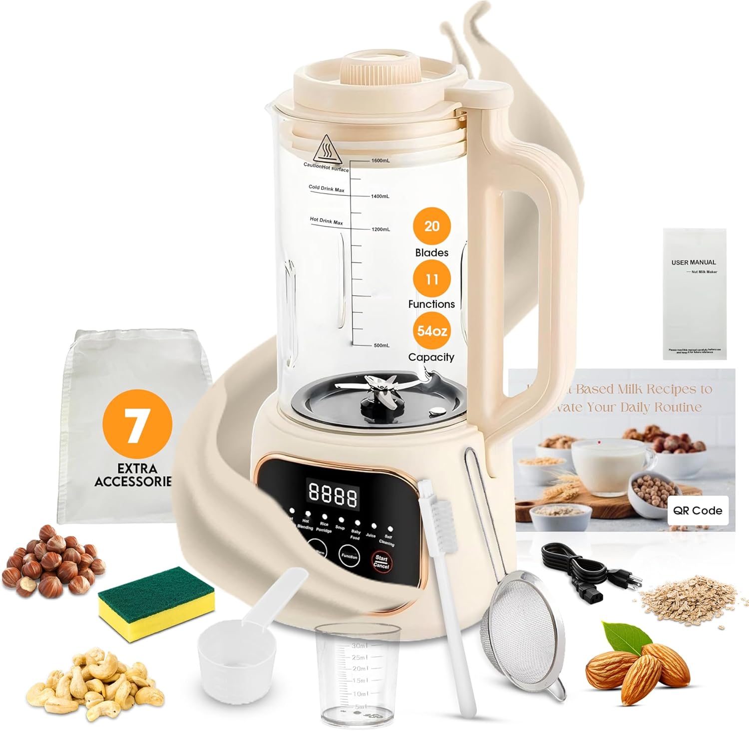 Nut Milk Maker Machine, 54oz, 11-in-1, 7 Extra Accessories, Oat & Soy Milk Maker with 20 Blades, Soybean Milk Maker, Almond Milk Maker, Soymilk Machine Maker, Nutmilk Maker Machine