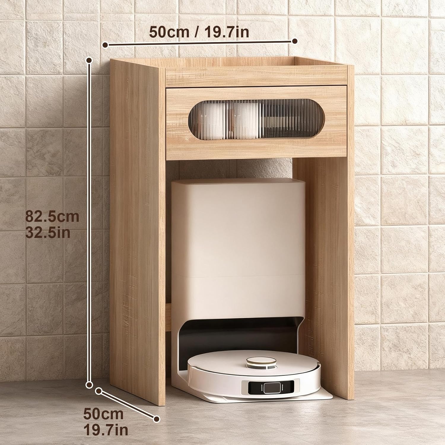 Robot Vacuum Stand Cabinet with Clear Drawer Space-Saving Modern Robot Vacuum Storage Rack Side Table Storage Cabinet Compatible for Bedroom Living Room Home Kitchen Office(Natural)