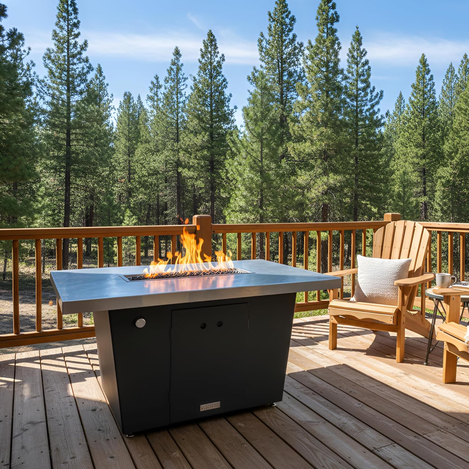 COOKE Palisades Rectangular Fire Pit Table - 44x36 - Chat Height - Propane - Brushed Aluminum Top with 3cm Edge - Grey Texture Powdercoat Base