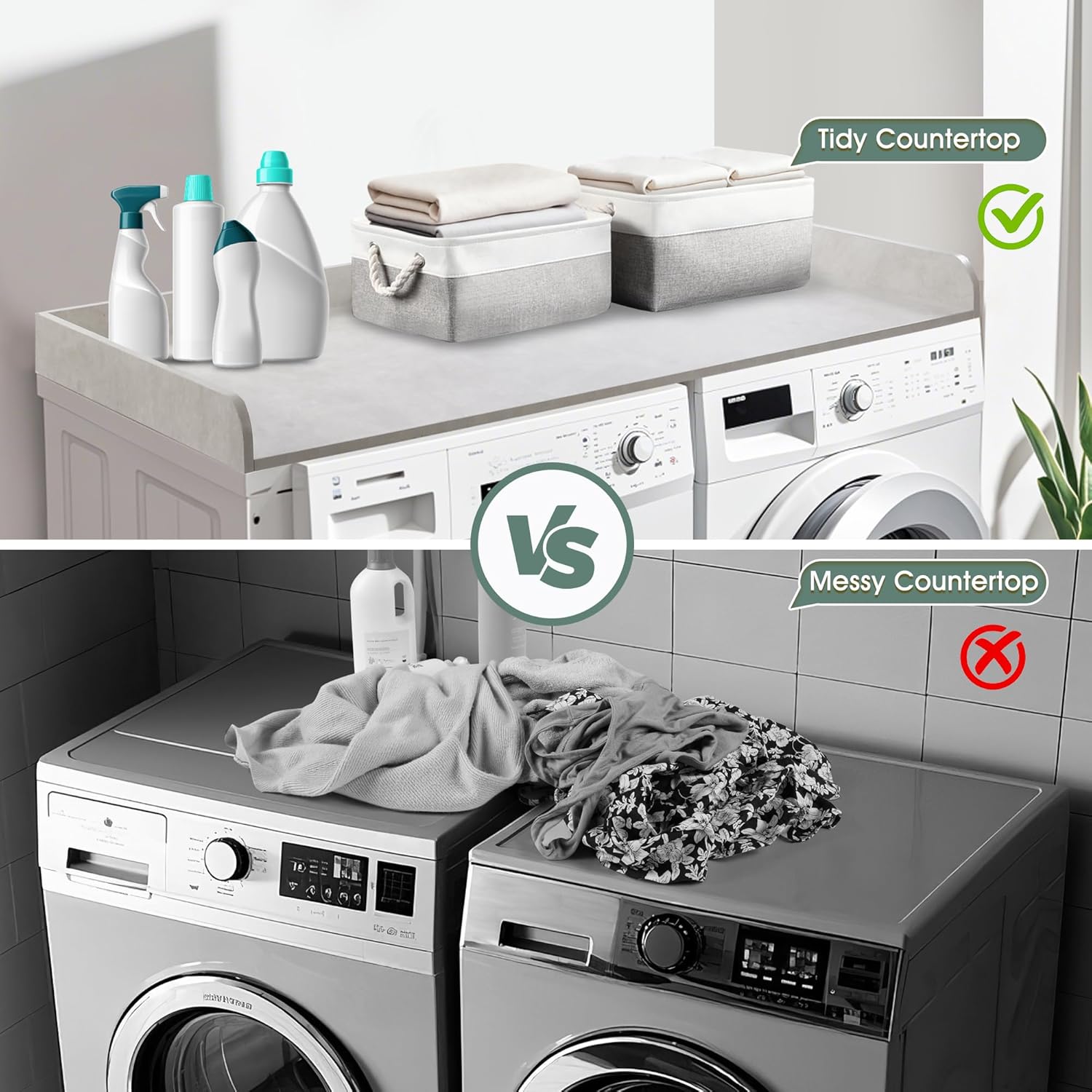 Washer Dryer Countertop with 2 Pack Storage Baskets, Wood Washer and Dryer Countertop with Non-Slip Pads/Edge Rails for Laundry Room Storage and Organization, 27.5