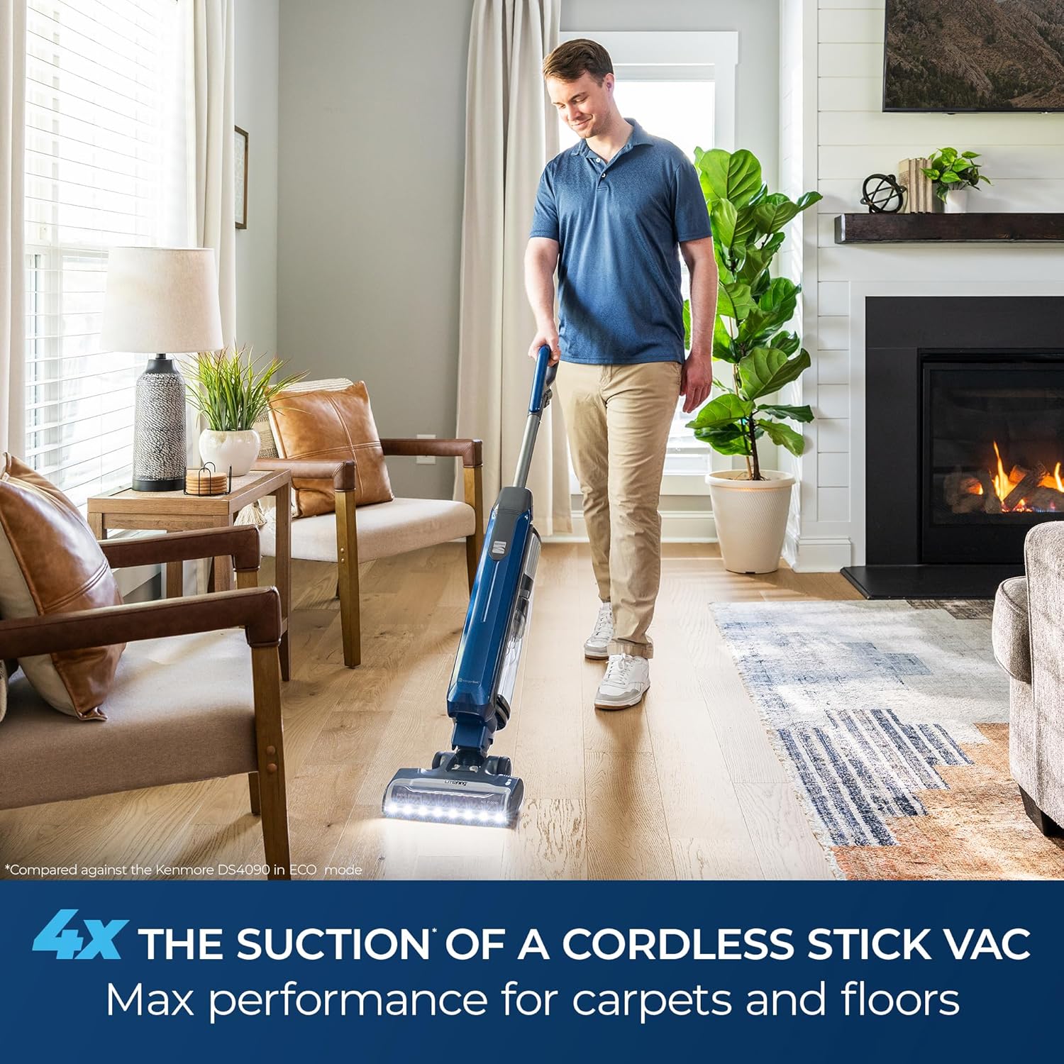 Kenmore CU5001 Litening Cordless Upright Vacuum with Lift-Up & Hair Eliminator Nozzle, Brushless Motor, HEPA Filter & LED Display for Low-Pile Carpets, Rugs, Hard Floors & Pets, Blue