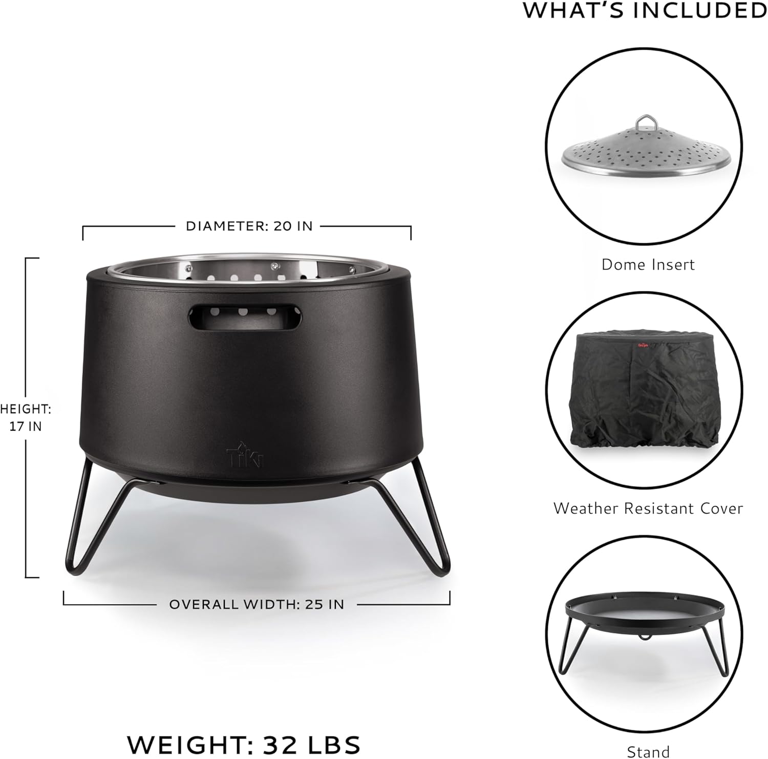 TIKI 20-Inch Smokeless Social Fire Pit, Portable Outdoor Fire Pit with Removable Ash Base, Stand & Cloth Cover – Modern Wood Burning Fire Pit for Patio, Backyard, and Gatherings