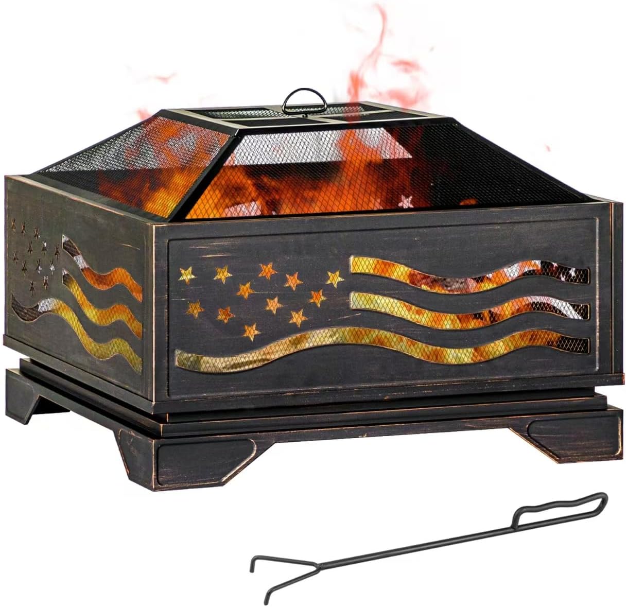32Inch Square-Shaped Fire Pit,Outdoor Fire Pits with Spark Screen&Poker,Metal Square Wood Burning Firepits for Outside,Backyard,Bonfire,Patio,Party,Garden,Picnic and Camping(Antique Bronze)
