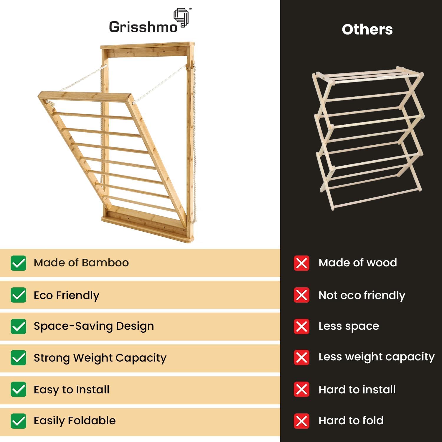 Clothes Drying Rack, Foldable Bamboo Wall Mounted Laundry Rack – Space-Saving, Drop-Down Design – 23