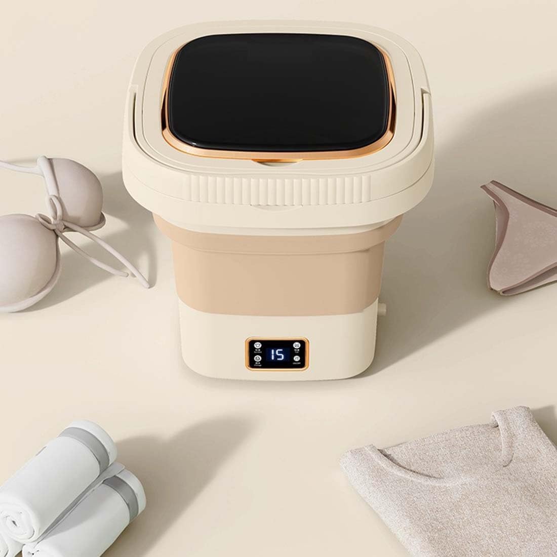 Portable Washing Machine 9L/2.37gal Mini Washer Foldable Small Washer for Underwear Baby Clothes Other Small Items(Cream Yellow)