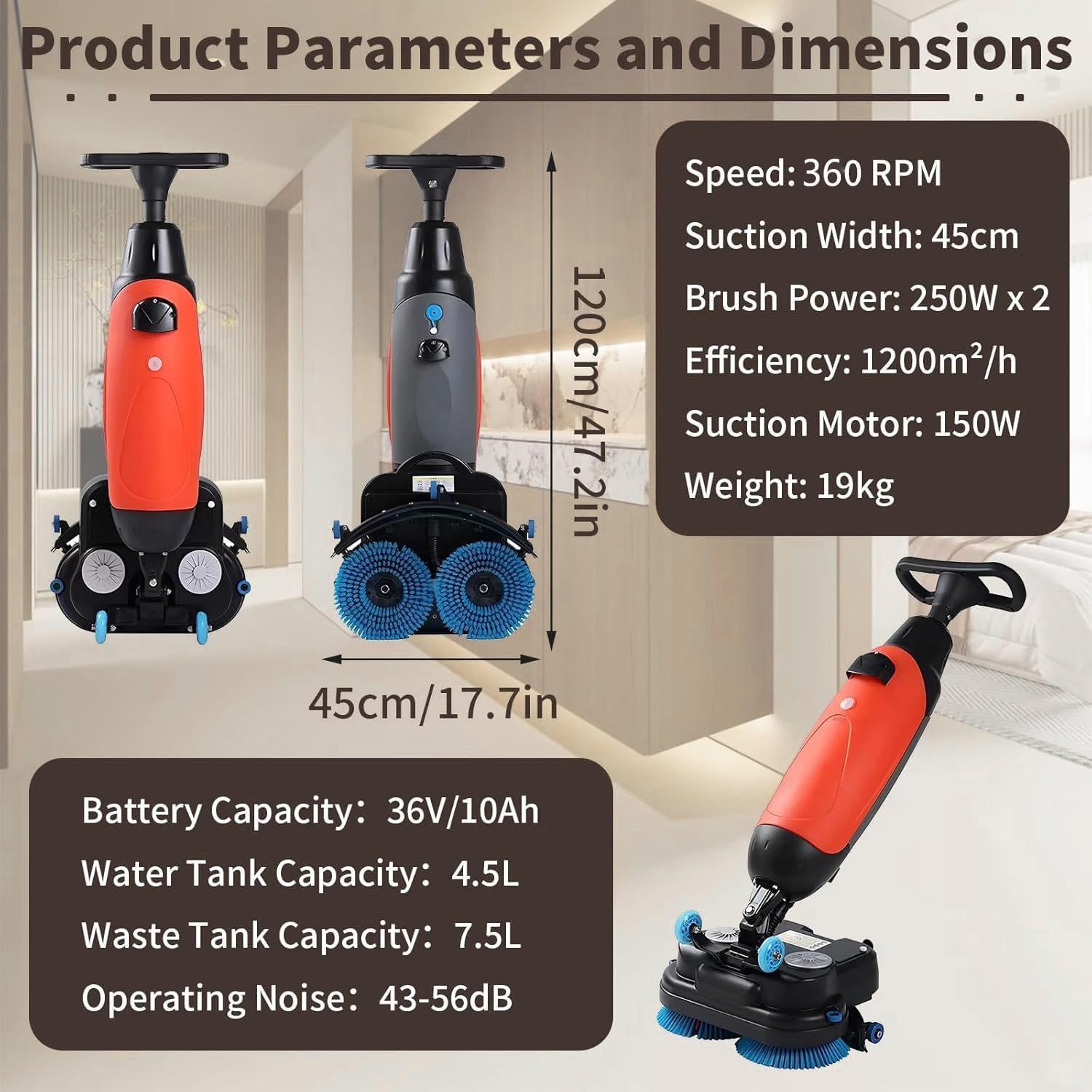 Carpet Cleaning Machine and Floor Scrubber, 360 RPM Dual-Brush Rotary Floor Washer, Cordless Design Mini Floor Cleaner, 13000 ft²/h Efficient Cleaning for Commercial Spaces, Schools, Offices White