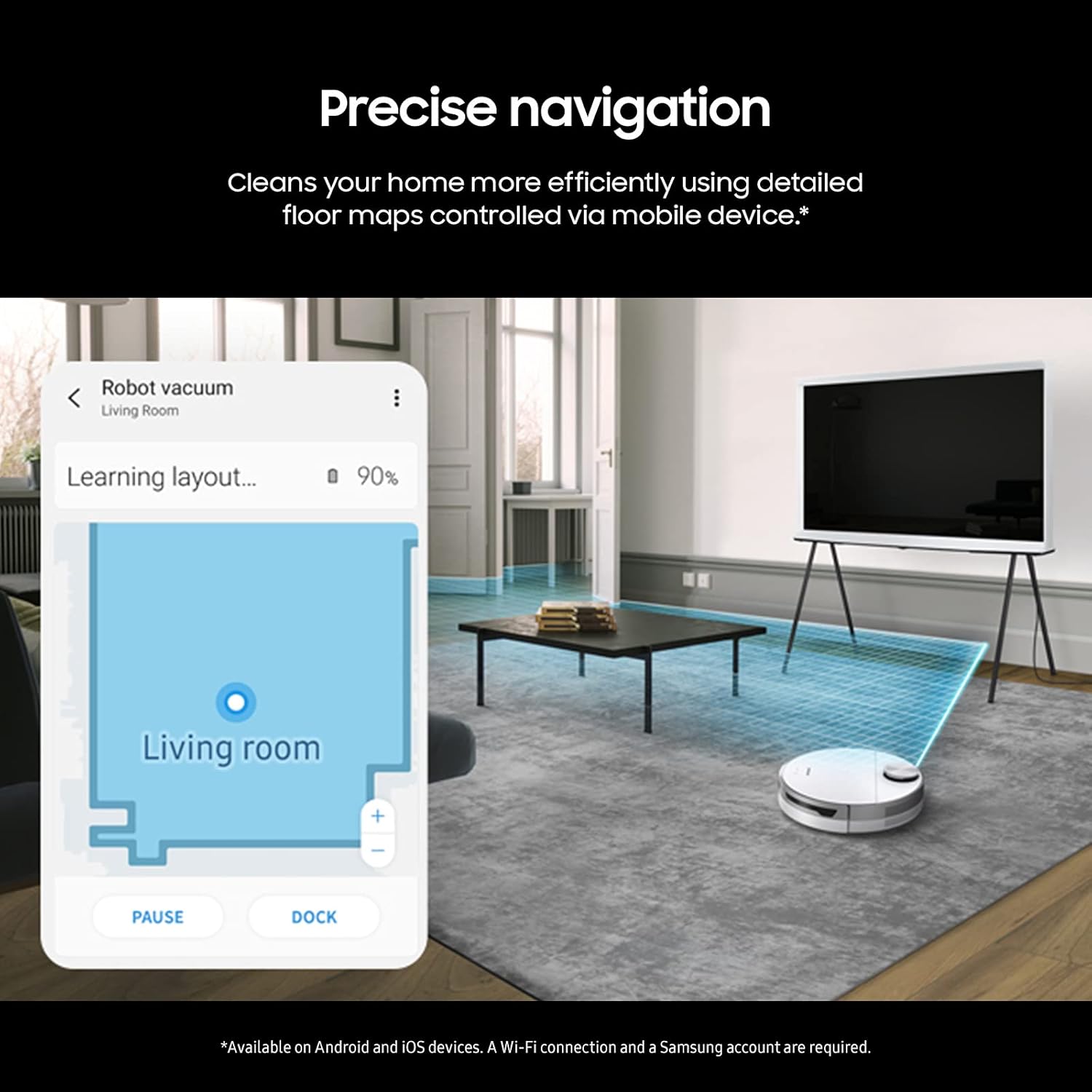 Samsung Jet Bot Robot Vacuum with Intelligent Power Control, Precise Navigation, Multi Surface Cleaner for Hardwood Floors, Carpets, and Area Rugs, Anti-Hair Wrap Brush, White (Renewed)