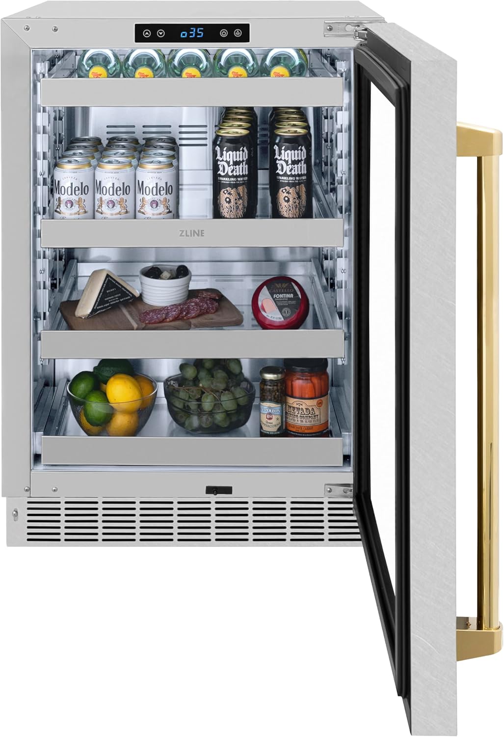 ZLINE Autograph Edition 24 in. Touchstone 151 Can Beverage Fridge With Satin Stainless Steel Glass Door And Polished Gold Handle (RBSOZ-SN-24-G)