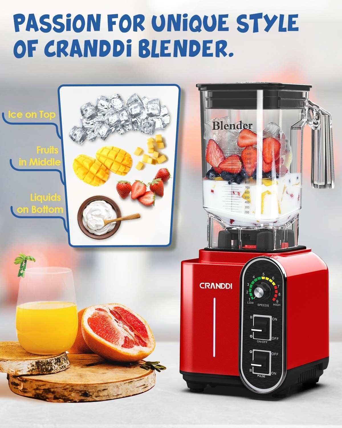 CRANDDI Smoothie Blender 52oz, 1800 Watt Commercial Blenders for Kitchen, Stainless Steel Blade 9 Speed & Self-Cleaning, Build-in Pulse, K98C Red