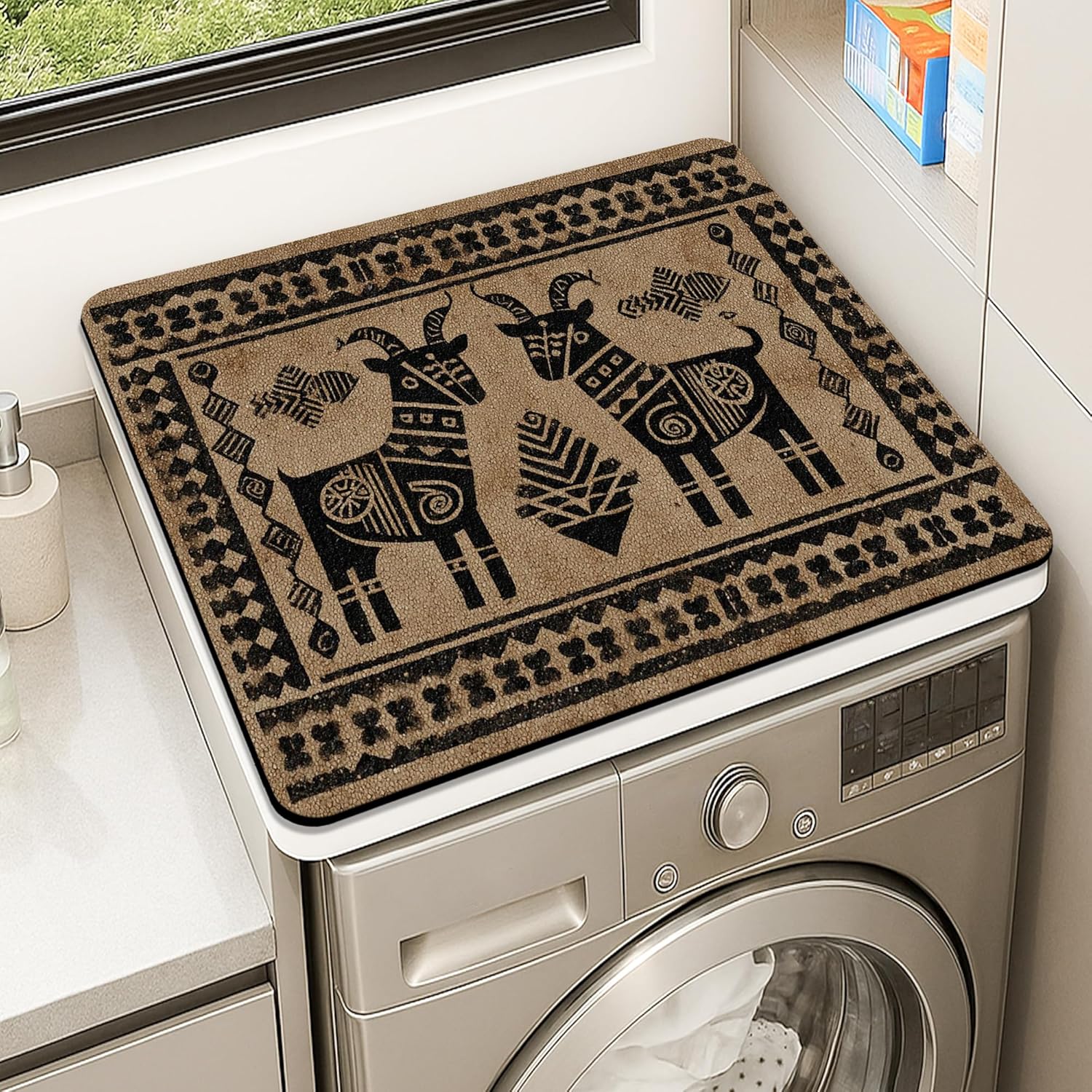 Abstract Goat Washer Dryer Top Protector Mat, Tribal Modern Black and Beige Laundry Machine Covers, Rustic Rubber Anti-slip Waterproof Washer And Dryer Mats for Home 24x24 Inch