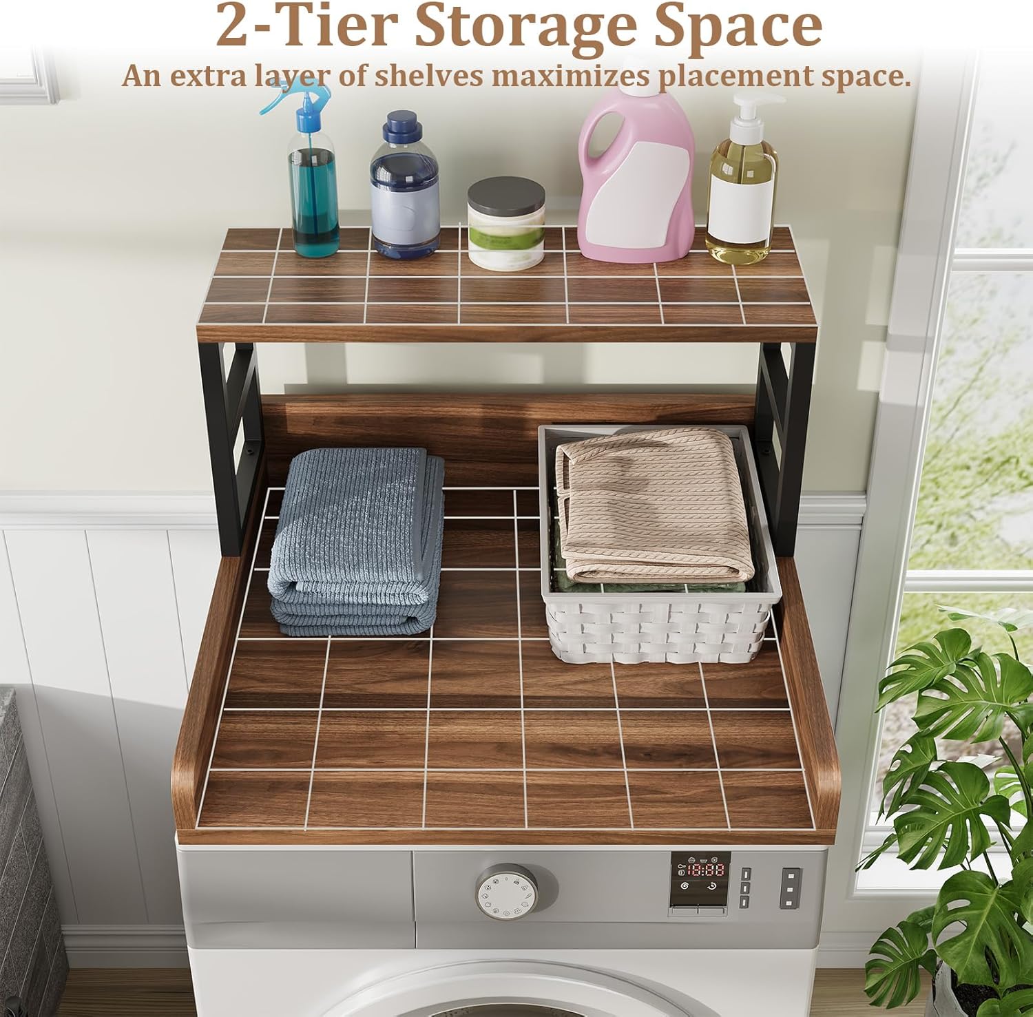 Washer Dryer Countertop with Shelf, 27.5″D x 27.5″W x 16.7″H, Countertop for Washer and Dryer Top with Non-Slip Pads and Edge Rails, Laundry Room Storage and Organization(Walnut)