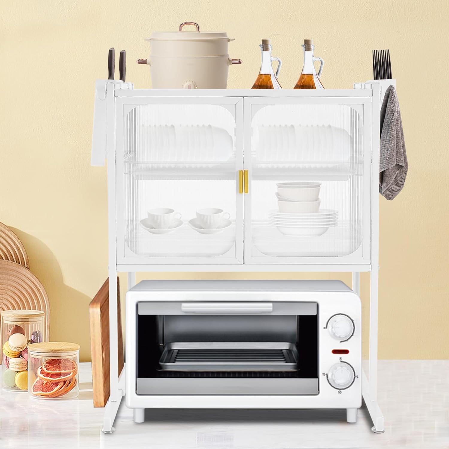 Microwave Oven Rack, Kitchen Dish Shelf Metal Microwave Counter Stand with Storage Cabinet Draining Tray Multifunctional Countertop Organizer for Utensils Tableware