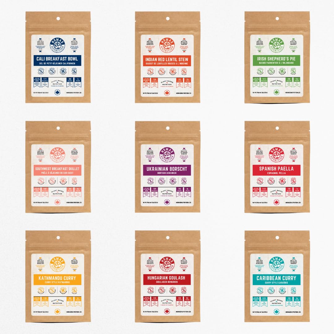 Nomad Nutrition Sampler Pack | 9 Freeze-Dried Meals: Hungarian Goulash, Shepherd’s Pie, Kathmandu Curry, Lentil Stew & More | Plant-Based, Non-GMO, High Protein | Add Boiling Water | 56g (Pack of 9)