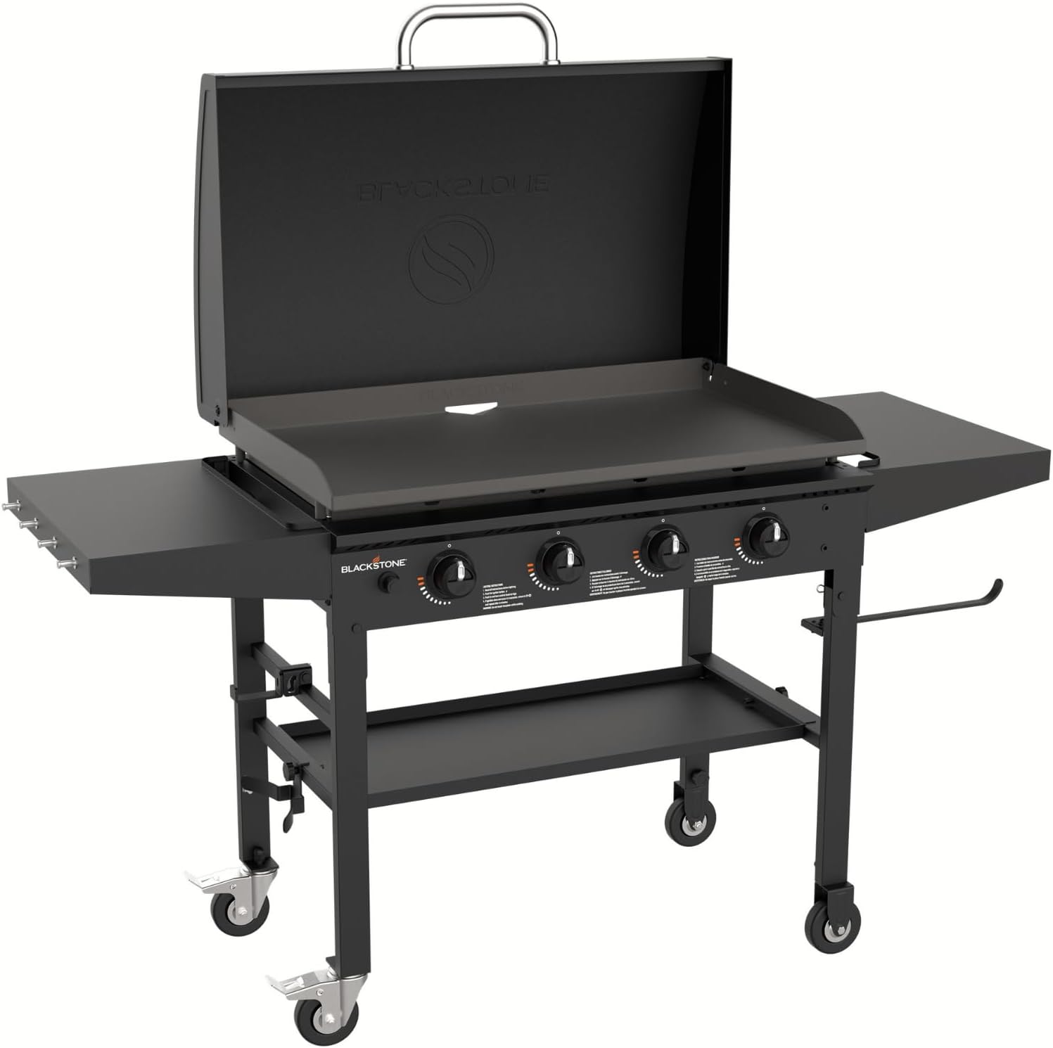 Blackstone 36 Inch Gas Griddle with Hood Cooking Station 4 Burner Flat Top Gas Grill Propane Fuelled Restaurant Grade Professional 36” Outdoor Griddle Station with Side Shelf